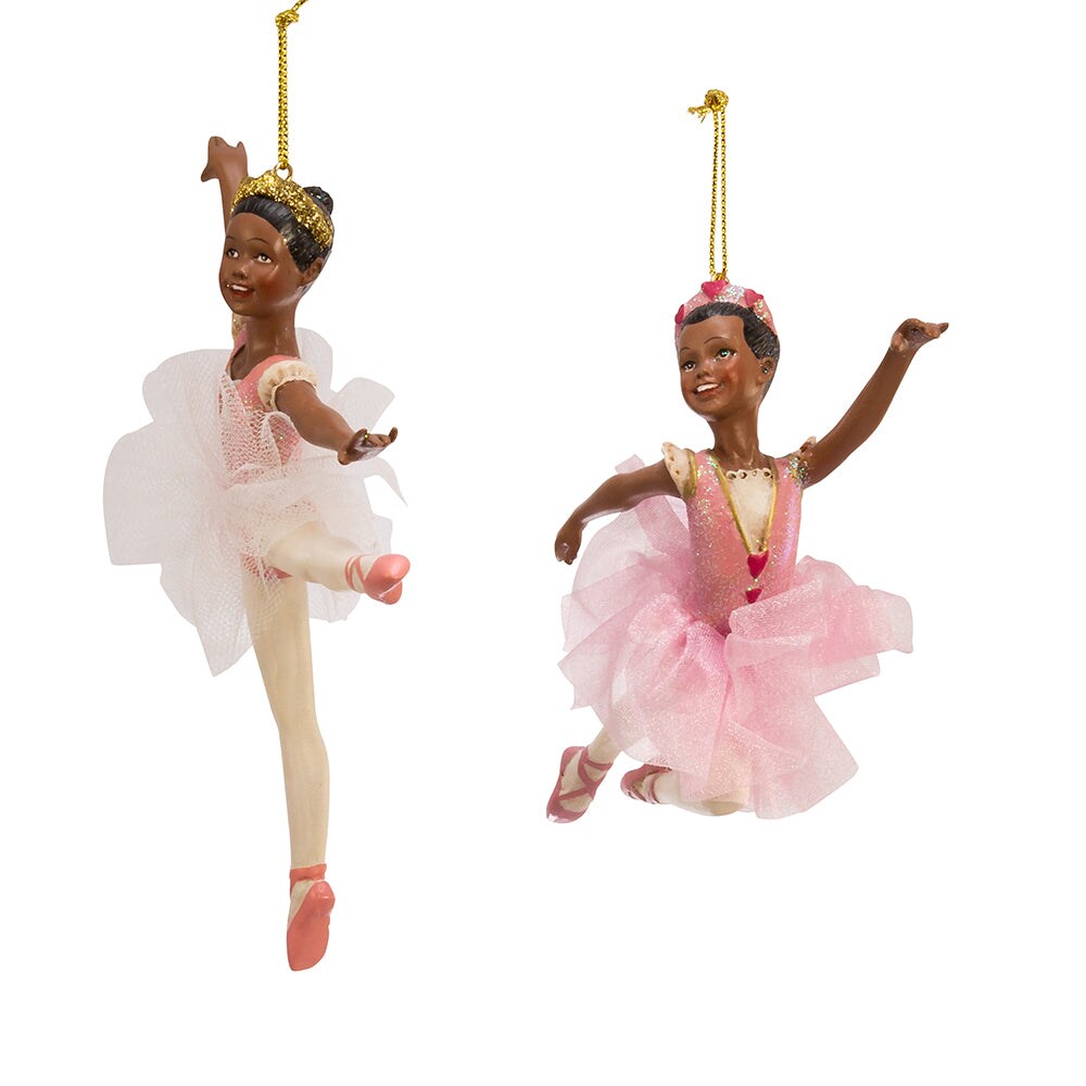 6.5&#x22; African American Ballerina Ornaments &#x2013; Set of 2 Assorted Elegant Christmas Decorations
