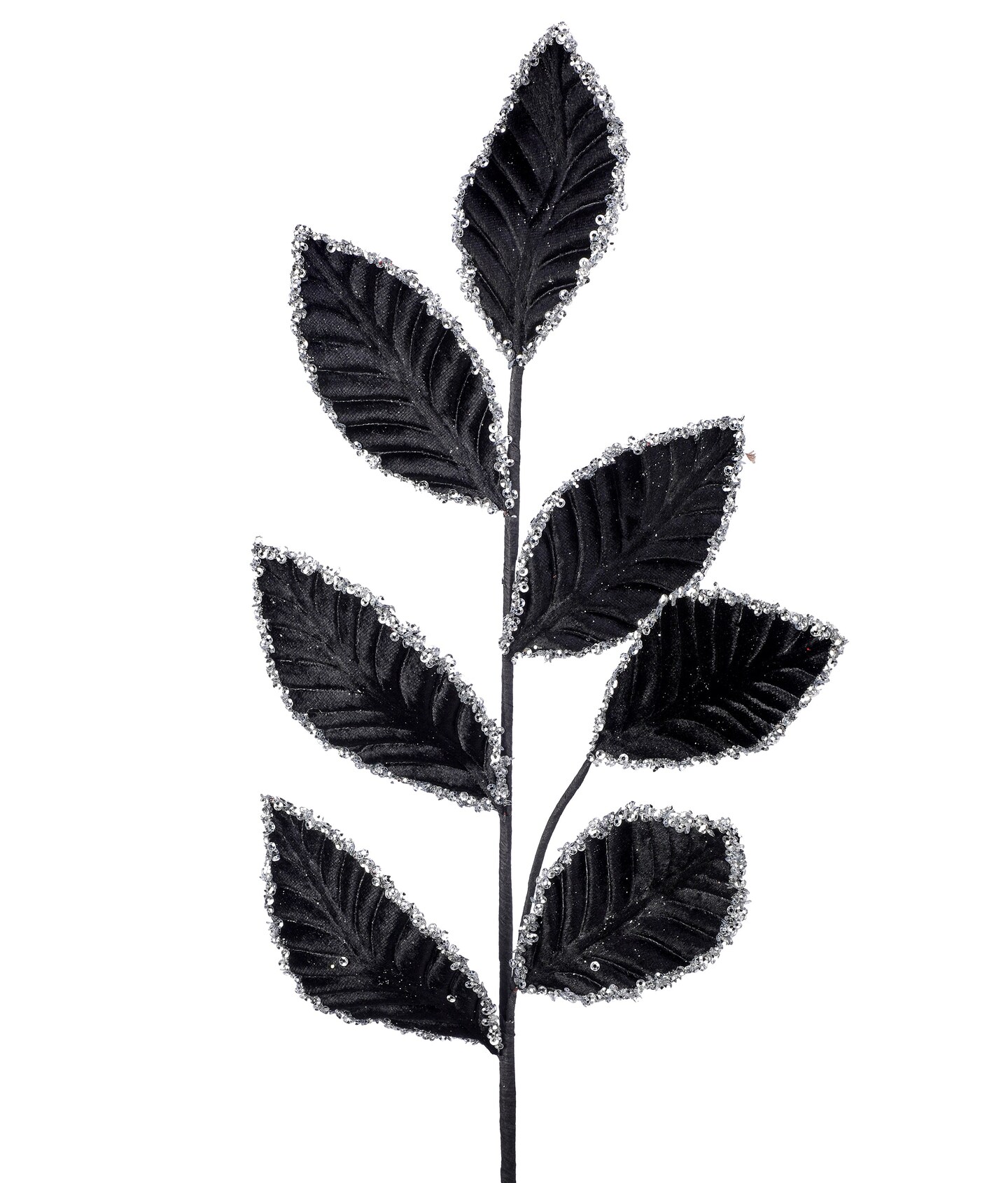 26" Black with Silver Trim Sequin Edged Opulent Leaf Spray - Elegant Christmas Floral Decoration
