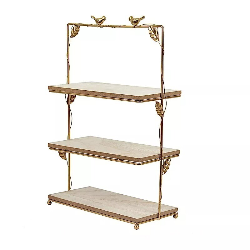 19&#x22; Gold Natural Metal Wood 3 Tier Cupcake Holder Dessert Stand Party Supplies
