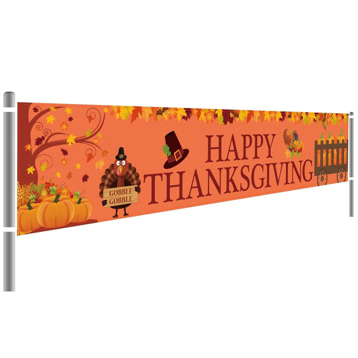 Large Happy Thanksgiving Banner, Thanksgiving Decorations, Fall Banner, Thanksgiving Turkey Maple Leaves Pumpkin Banner, Thanksgiving Party Outdoor &#x26; Indoor Decor Supplies (8.2 x 1.5 FT)