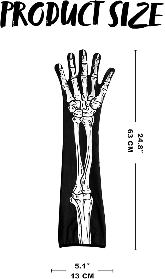 Halloween Skeleton Arm Length Gloves for Adult, Bone Skull Gloves for Women Men for Halloween Cosplay Parties