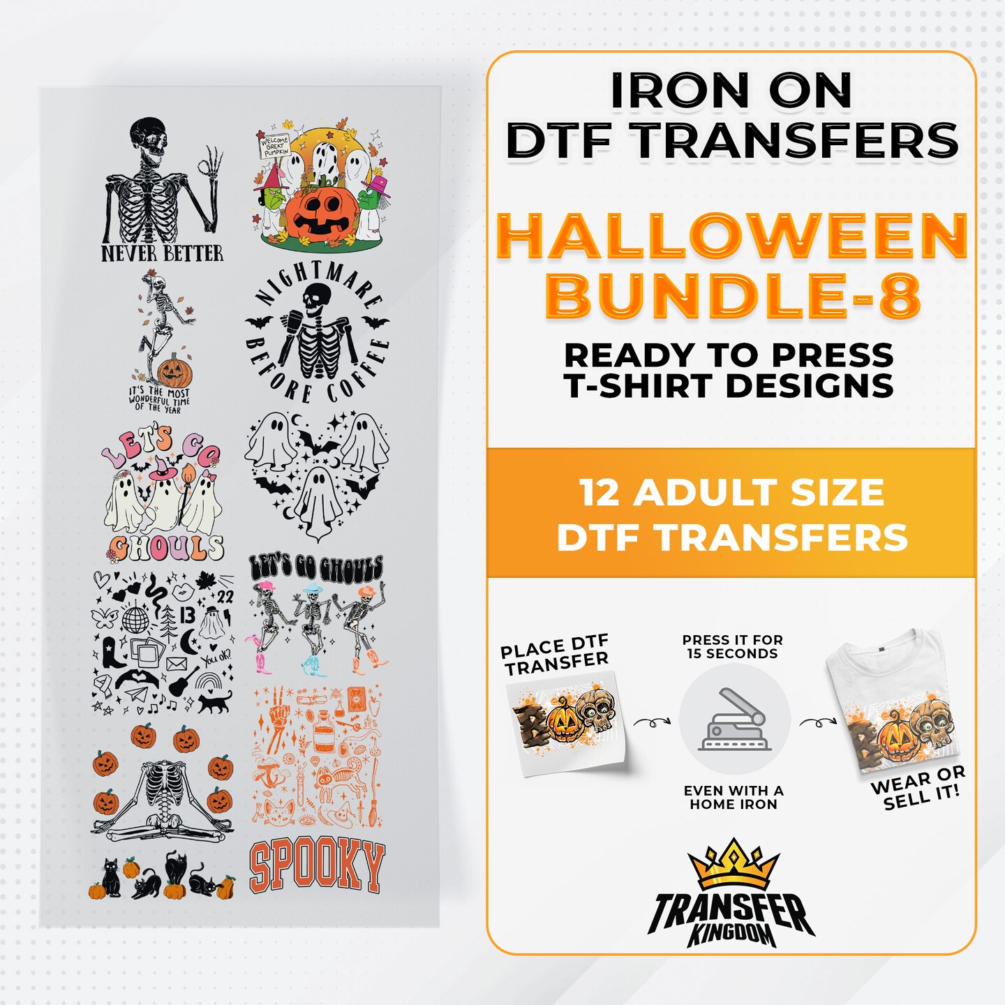 Iron on DTF Transfer Halloween Bundle 8 12 Best Seller T shirt Designs Ready To Press