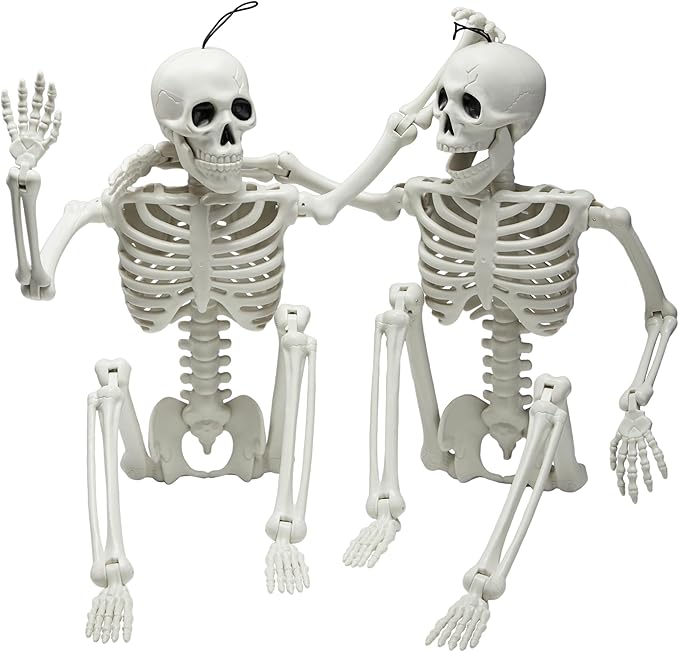2 PCS 24&#x22; Halloween Posable Skeletons Hanging Full Body Posable Plastic Skeletons with Movable Joints for Halloween Party, Graveyard Spooky Indoor and Outdoor Decorations(White)