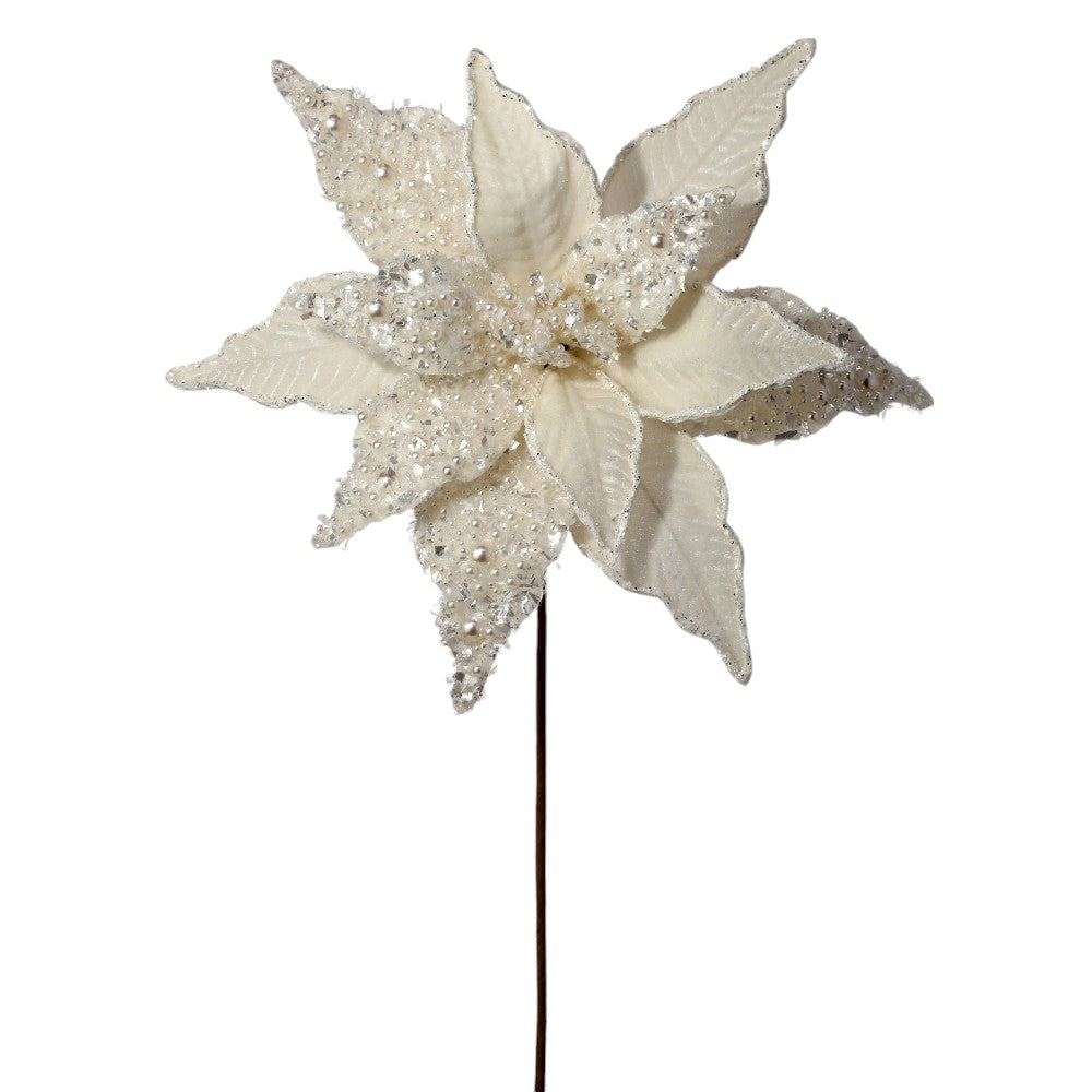 22" Ivory/White Velvet with Pearl Poinsettia - Elegant Christmas Floral Decoration