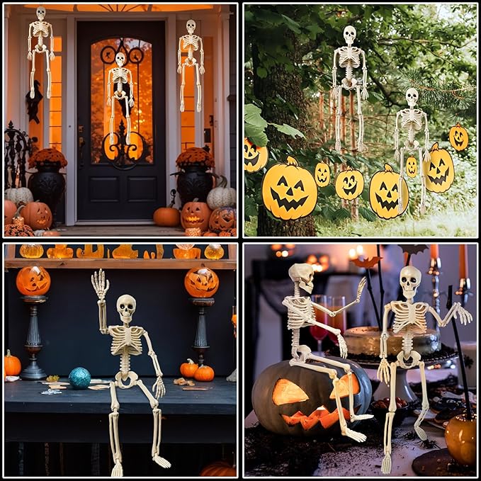 16" Poseable Skeletons with Full Body Movable Joints, Indoor and Outdoor Spooky Décor for Halloween Parties, Haunted Houses, and Yard Decorations
