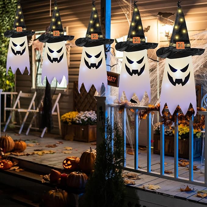 5 PCS Hanging Halloween Lighted Glowing Ghost Witch Hat Outdoor Ornaments,Halloween Decor for Halloween Party Indoor Outdoor Home Tree Garden Yard,Halloween Party Favors