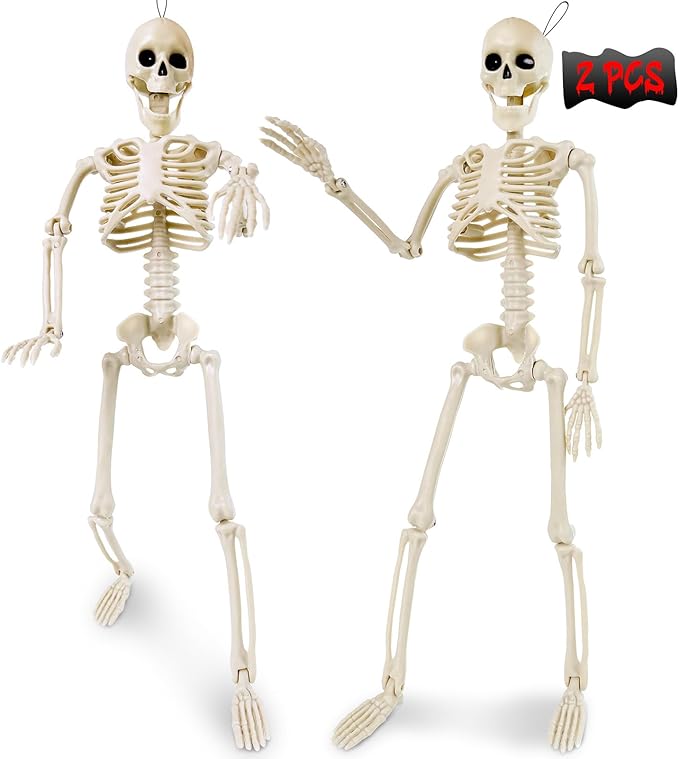 16" Poseable Skeletons with Full Body Movable Joints, Indoor and Outdoor Spooky Décor for Halloween Parties, Haunted Houses, and Yard Decorations