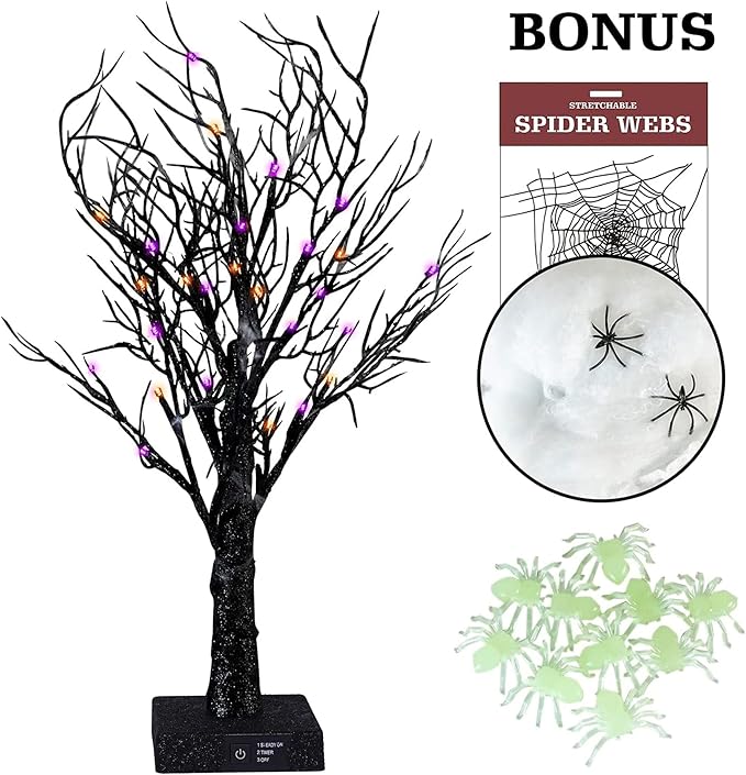 2FT Halloween Battery Operated Tree Lights with Spider Web and Spider, Indoor Table Desktop Holiday Decorations (Purple &#x26; Orange)