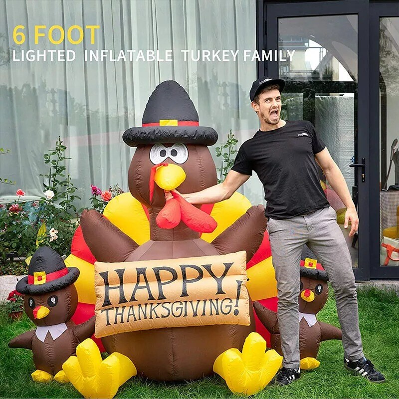 2pcs 6ft Thanksgiving Inflatable LED Lighted Turkey Family Blow up Lawn Yard Dec