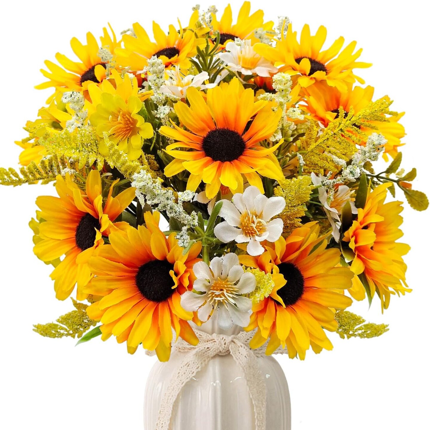 Spring Tabletop Decor – 5 Bunches Artificial Sunflower Bouquets with Faux Daisies & Wildflowers, Silk Sunflowers for Home Decor, Table Centerpieces, Bridal & Wedding Arrangements (Orange)
