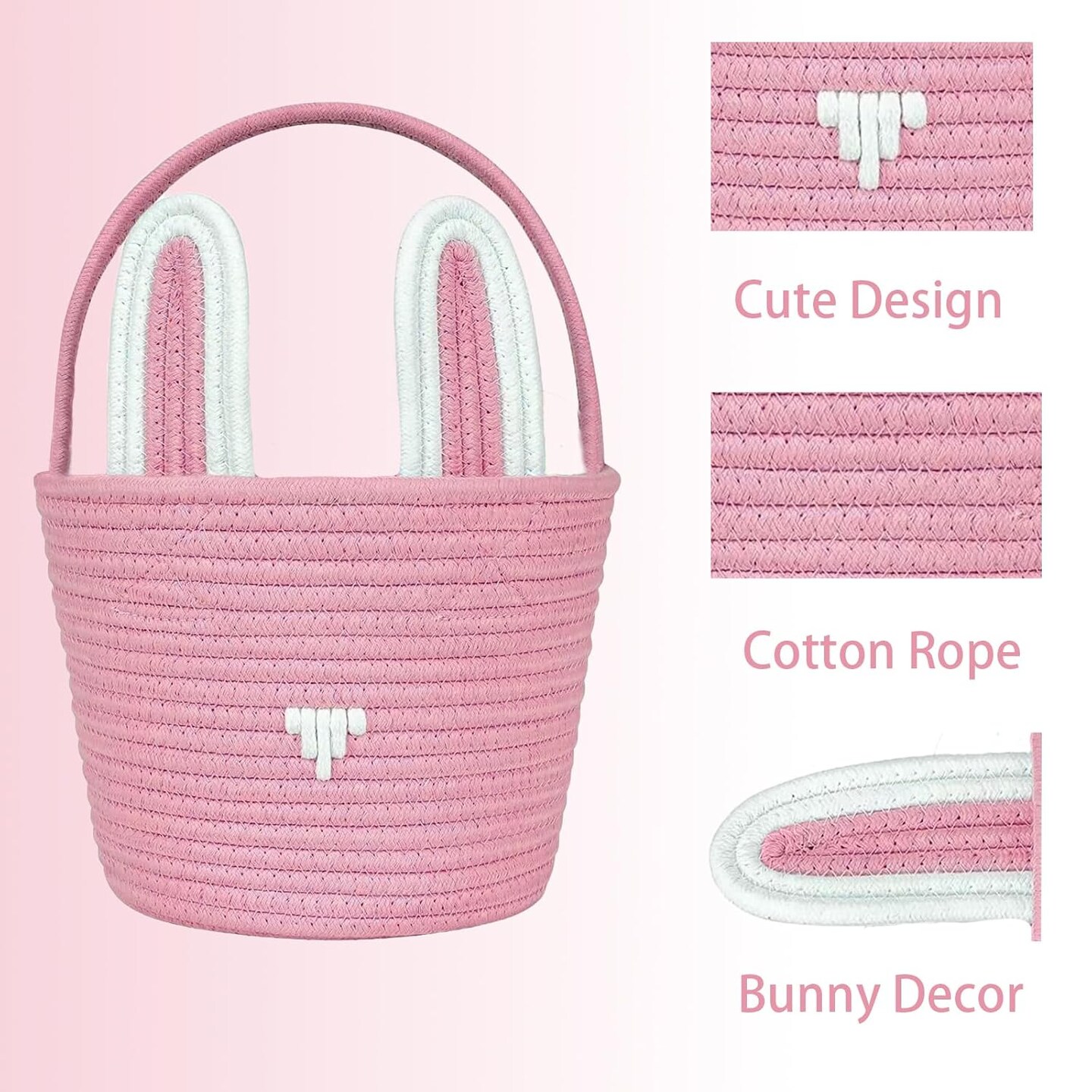 Large Easter Basket with Gift Bags and Ribbons, Easter Bunny Basket for Kids, Woven Cotton Rope Gift Basket for gifting, Pink