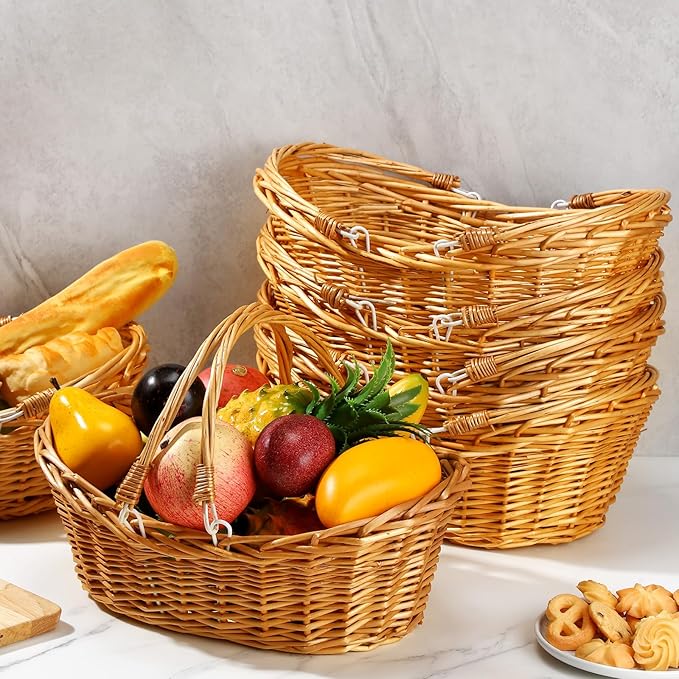 6 Pcs Wicker Picnic Basket with Handle, Hand Woven Harvest Basket Bulk, Wicker Flower Hoppet for Storage, Picnics, Easter, Organizing, Egg Gathering, Candy, Wedding(Light Brown)