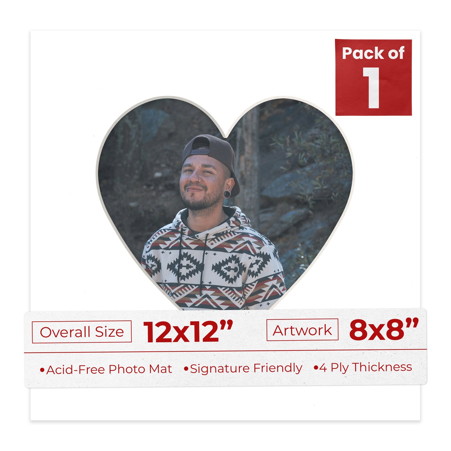 Textured White Mat Board for 12x12 Frames - Heart Opening for 8x8 Photos