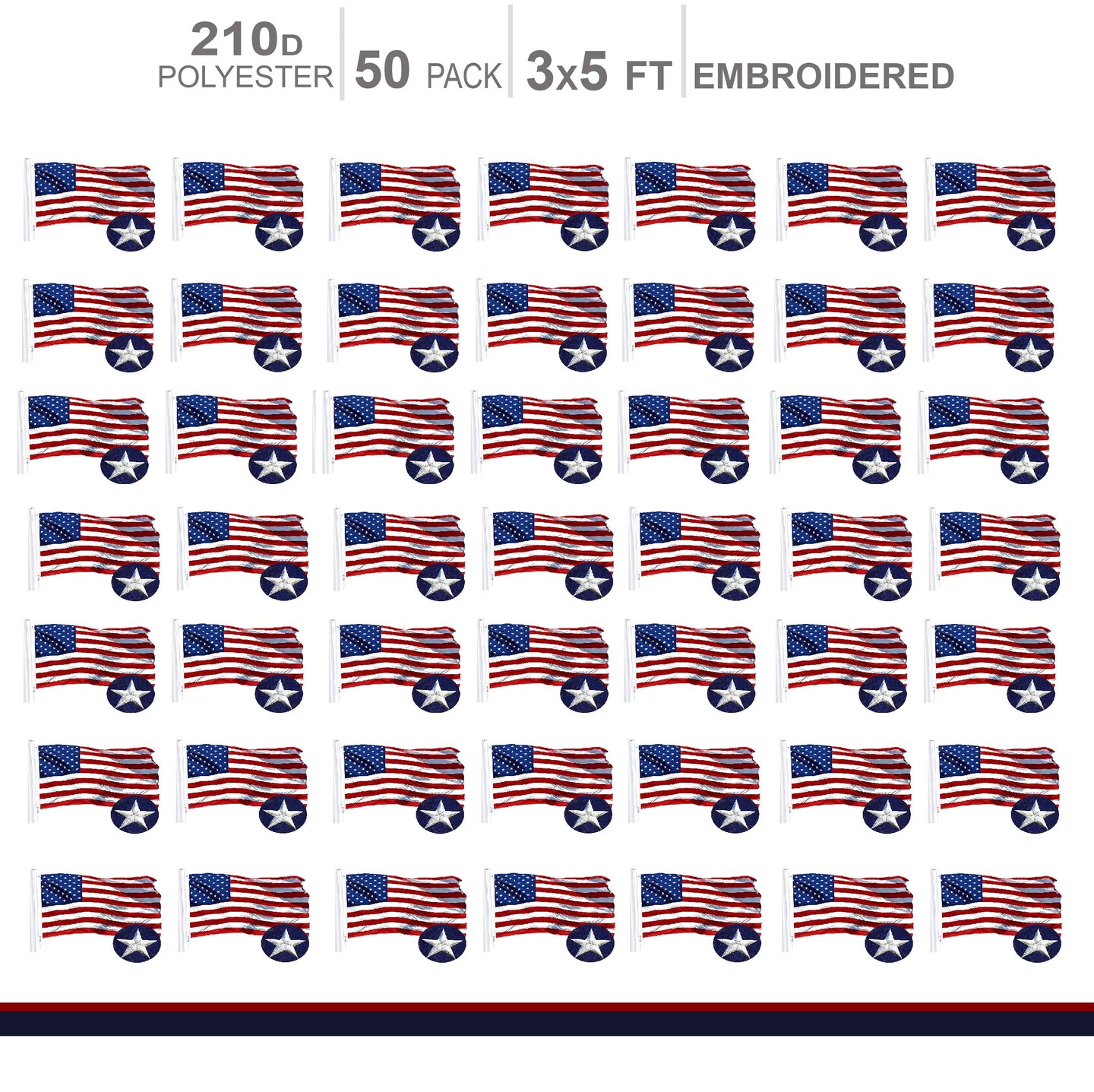 MULTI PACK: American Flag 210D Embroidered Polyester 3x5 Ft  - 50 PACK