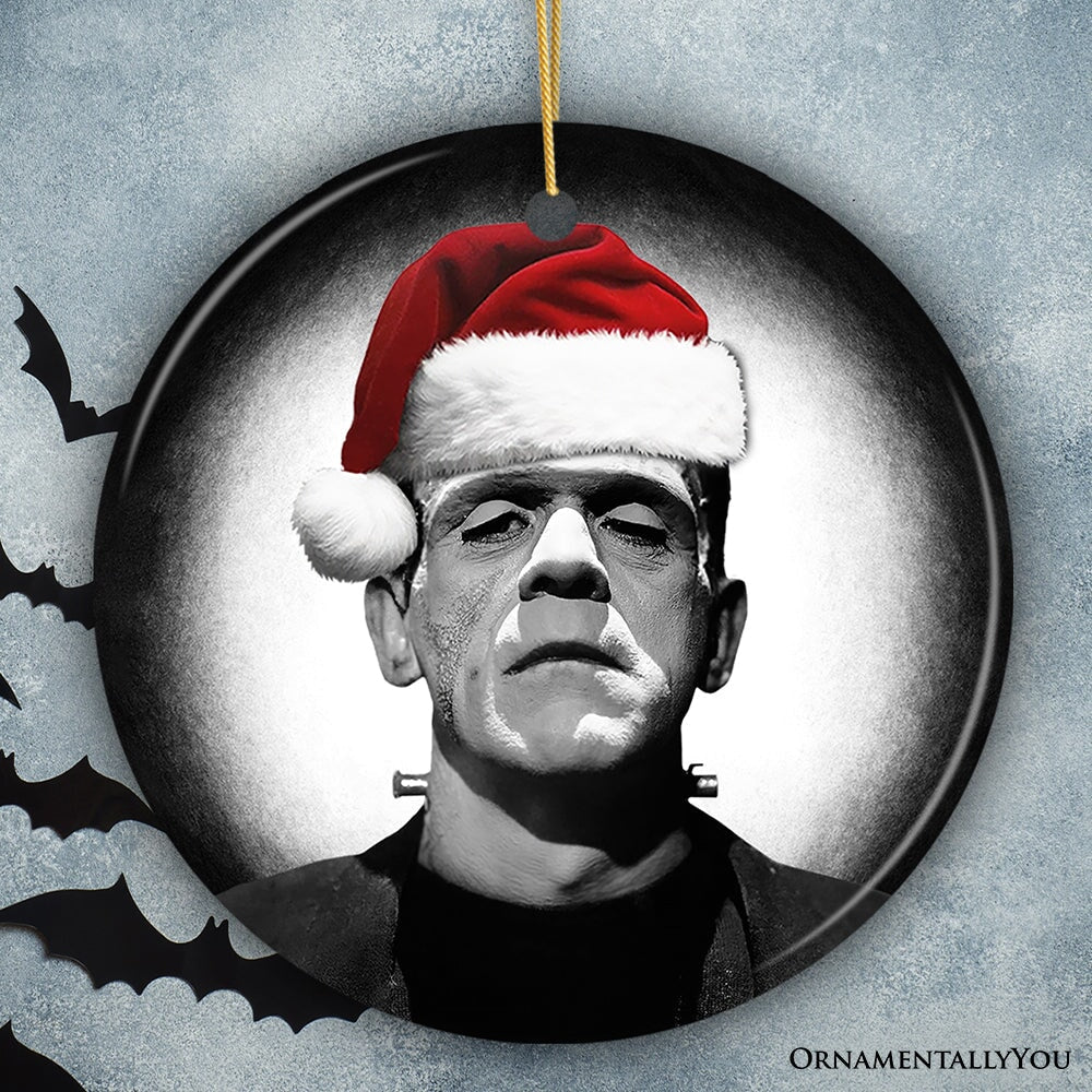 Retro Frankenstein with Santa Hat Ceramic Ornament, Creepy Holiday Gift And Decor
