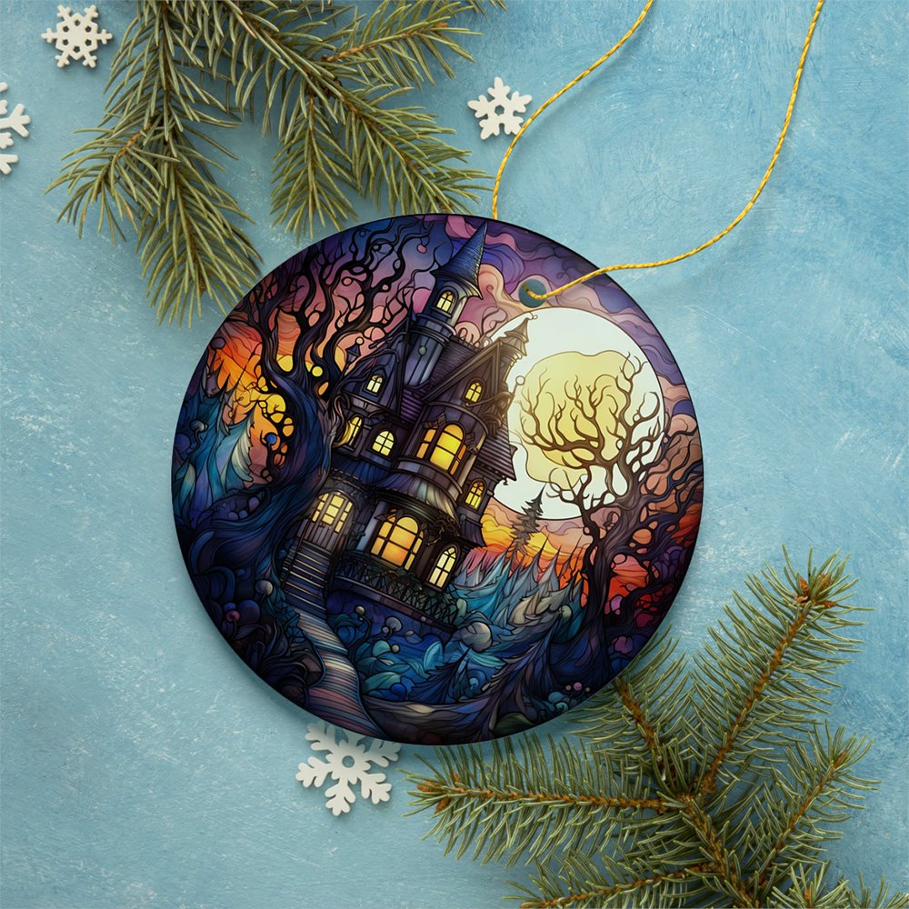Haunted House Amidst Spooky Woods Stained Glass Style Ceramic Ornament, Halloween Themed Christmas Gift and Decor