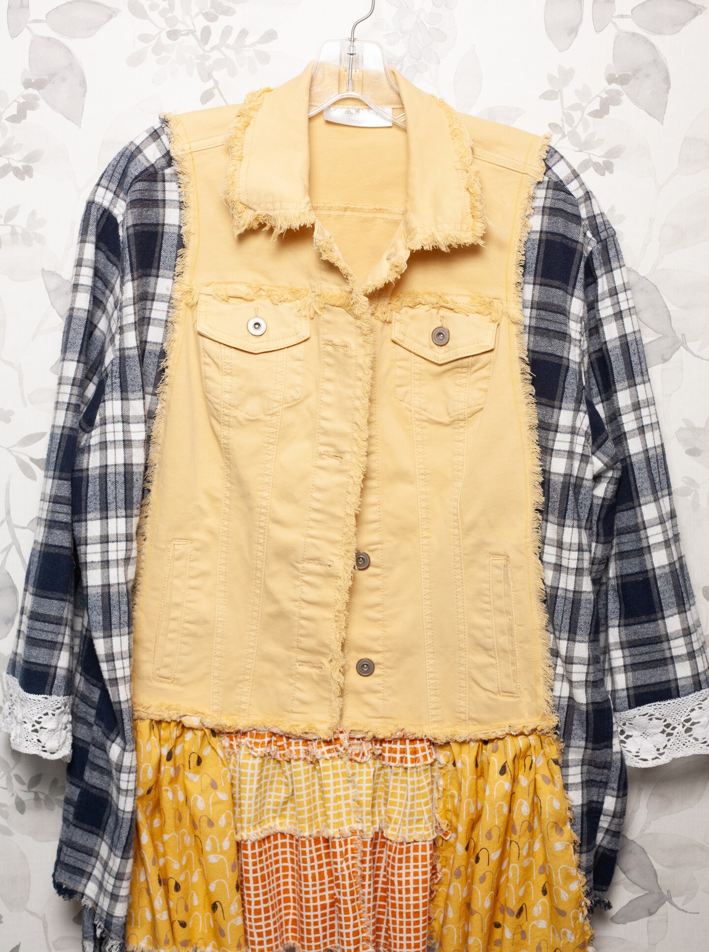 Yellow Fringed Jean Jacket and Flannel Shirt Upcycled Women's Fashion product 3