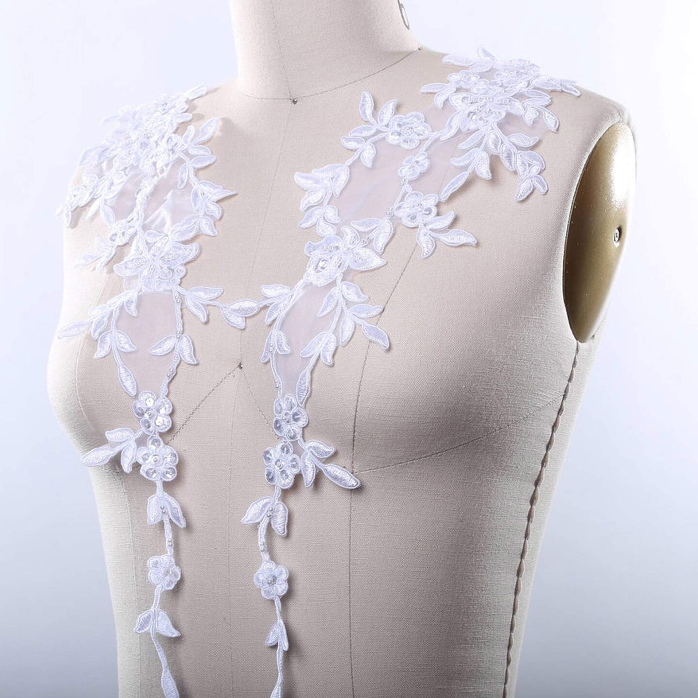 1 Pair 16" Length White Beaded Floral Lace Appliques for Bridal Dress Veil Embellishments