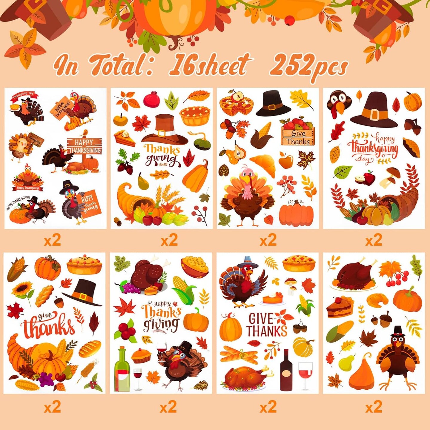 252Pcs Cute Autumn Pumpkin Maple Leaves Stickers for Scrapbooking (Multicolor)