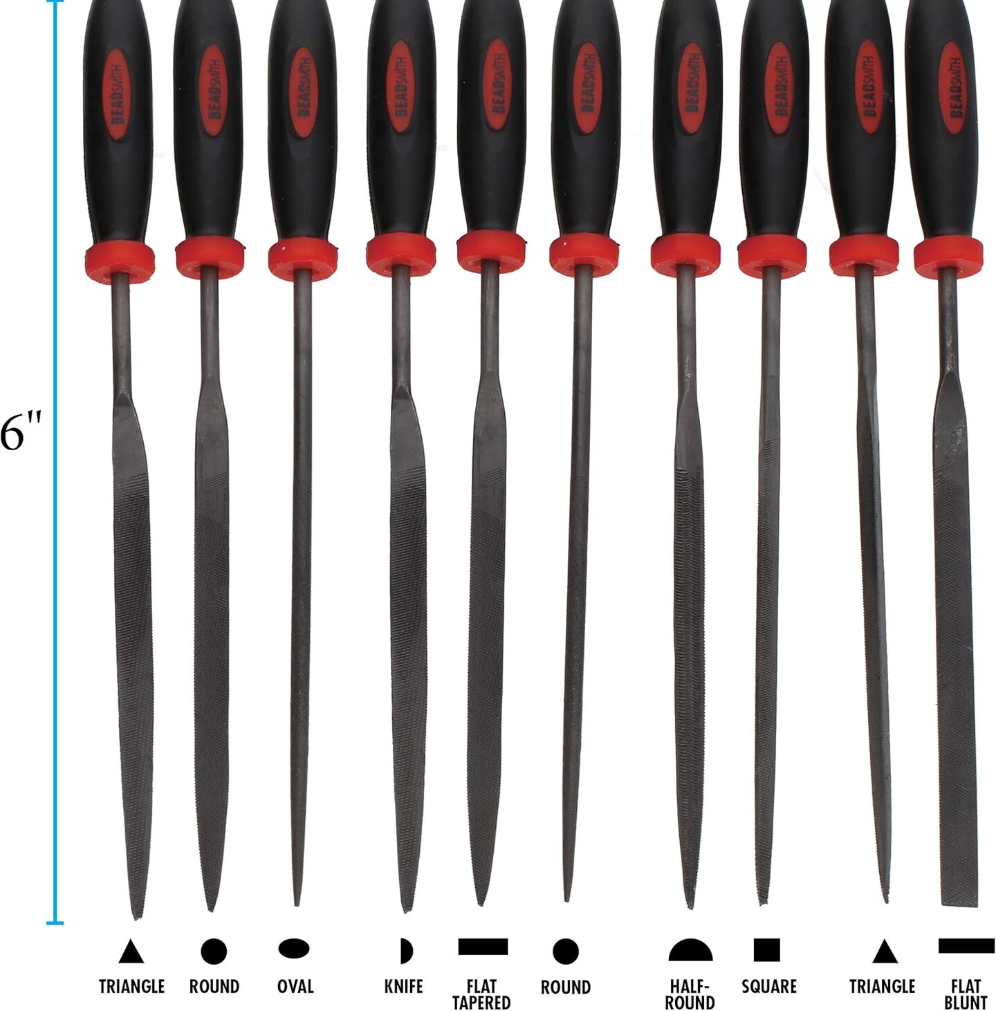The Beadsmith Needle File Set, 10 Pieces Hand Metal Files, 10MM 2 Cut, Steel Set Includes: Round, Triangle, Knife File, Oval, Flat Blunt, Flat Tapered, Half-Round, and Square