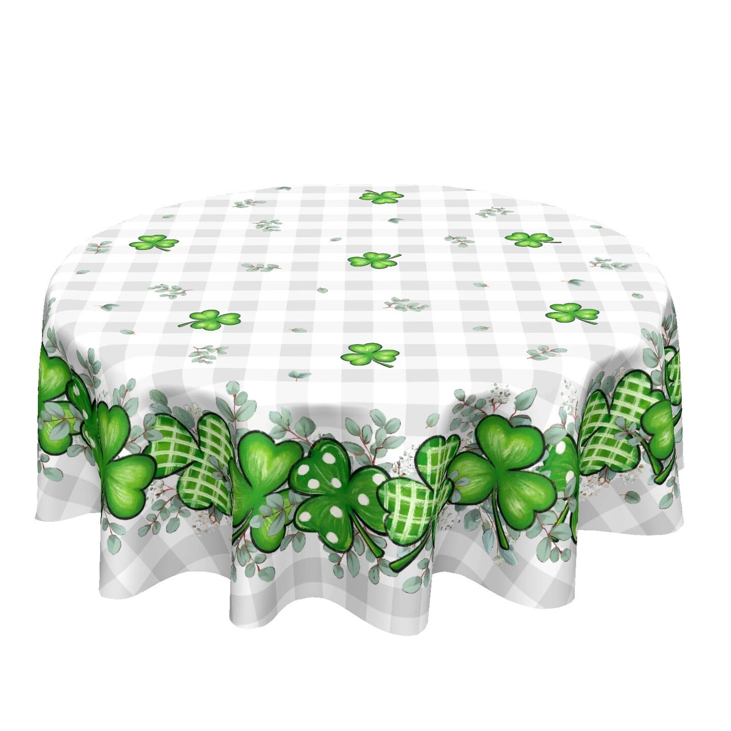 St. Patrick's Day Tablecloth 60x60 Inch Round Buffalo Plaid Shamrock Eucalyptus Table Cloths Spring Irish Dust-Proof Spill Proof Table Covers for Farmhouse Holiday Party Dining Kitchen Tabletop Decor