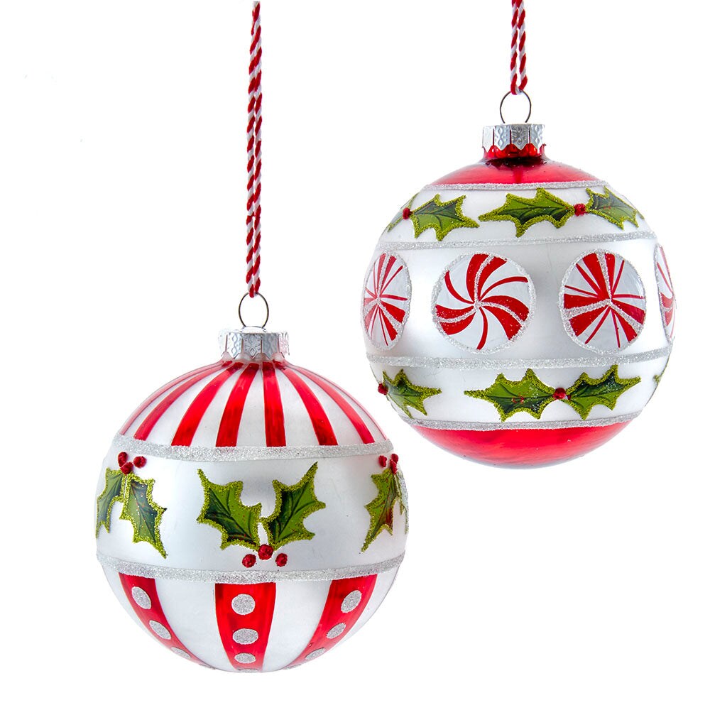 4-Inch Glass Peppermint and Holly Christmas Ball Ornaments - Set of 2