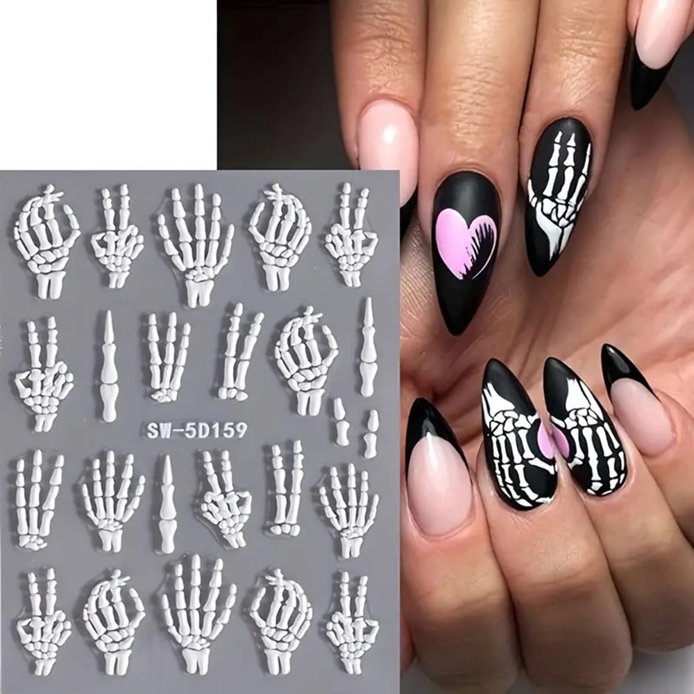 Halloween Skull Nail Art Stickers Skeleton Bones Nail Art Decals 3 Sheets 5D Embossed Finger Skull Nail Stickers Self-Adhesive Hand Bones Nail Sliders Halloween DIY Manicure Supplies for Women Girls