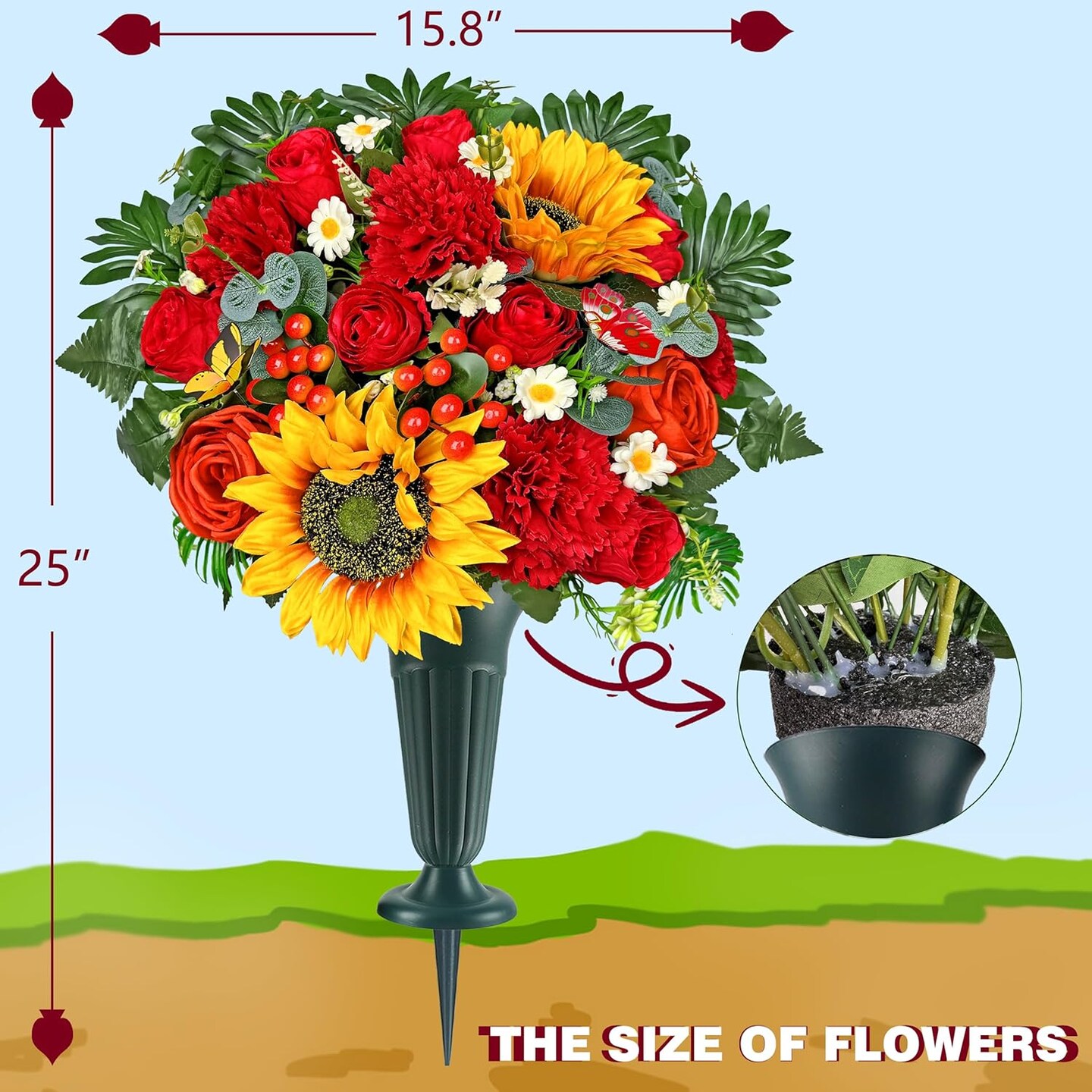 Artificial Cemetery Flowers for Grave Vase - Red Rose and Sunflower Memorial Bouquet with 2 Butterfly Accents - UV Resistant Gravesite Decorations for Outdoors - Headstone Flowers with Ground Spike Vase