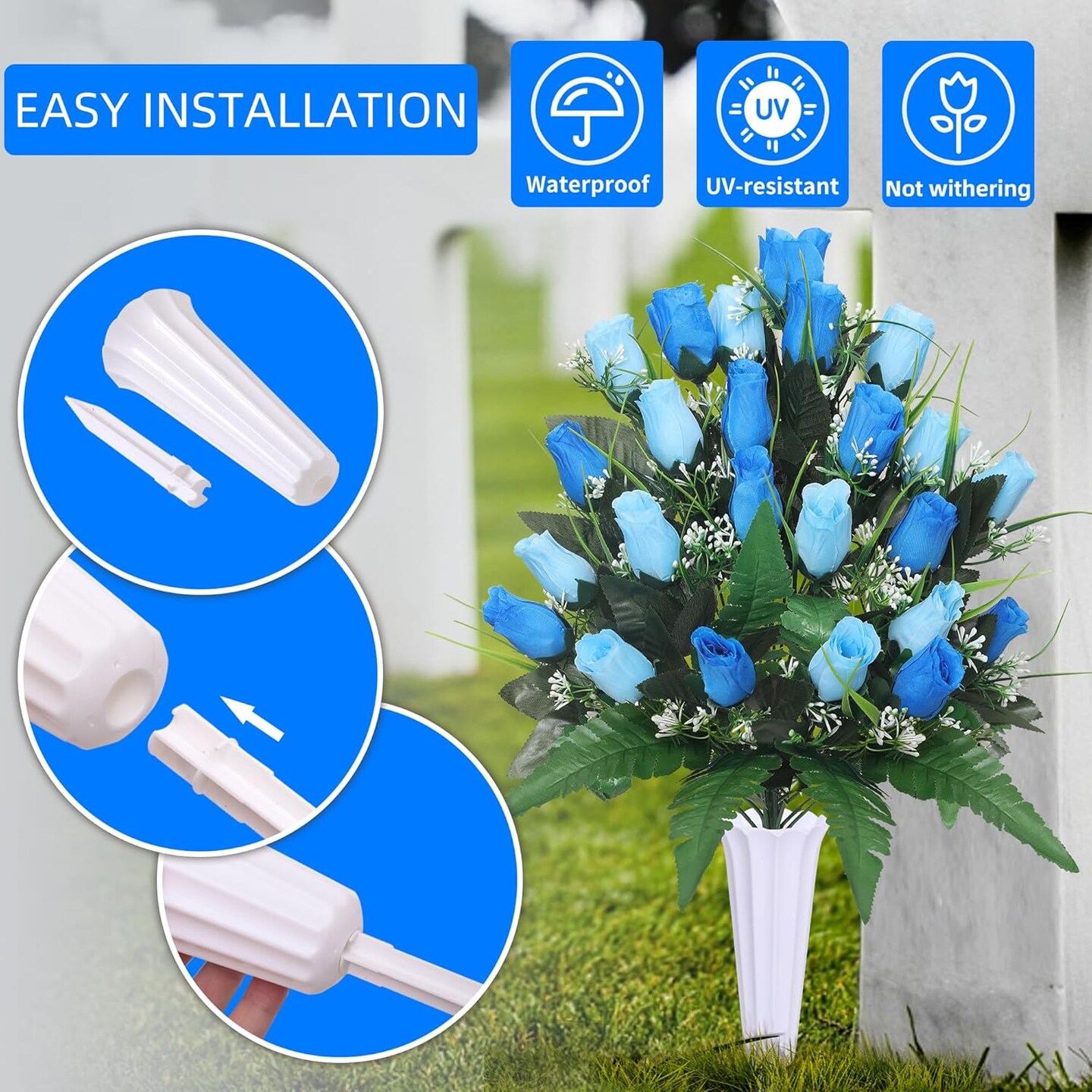 Blue Artificial Cemetery Flowers for Graveside - Set of 2 Large Rose Memorial Bouquets with Vases and Ground Spikes - 18.9" Silk Grave Decorations - Weather Resistant & Fade-Proof - Mother's Day