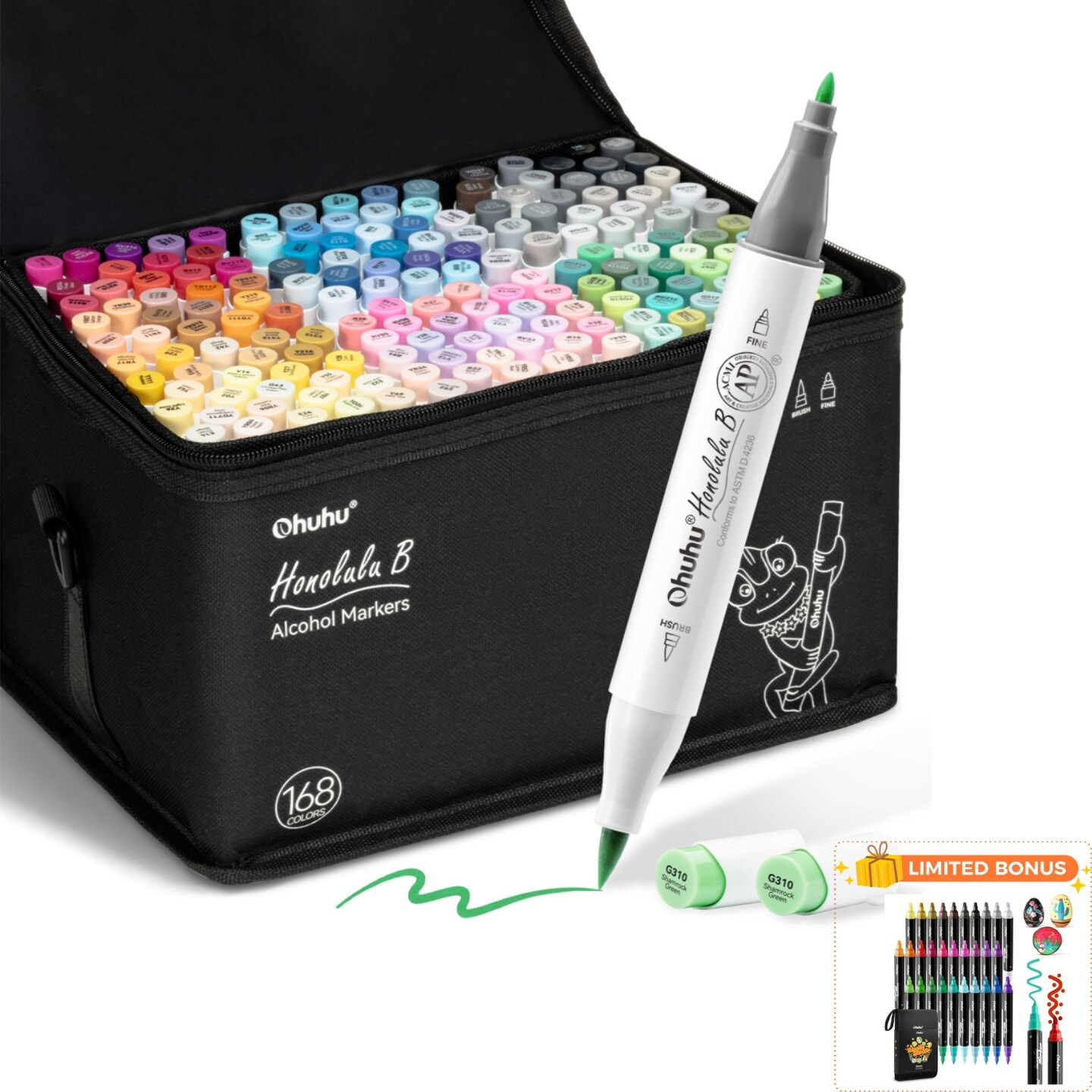 Ohuhu Alcohol Markers Brush Tip - 168-color Art Marker Set Double Tipped Alcohol-based Markers for Artist Adults Coloring Illustration- Brush & Chisel/ Brush & Fine - Honolulu/ Honolulu B - Refillable Ink