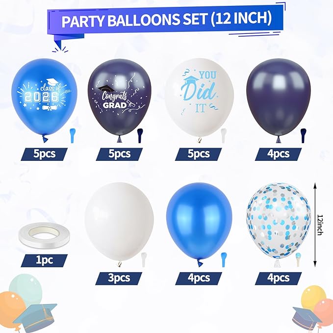 Graduation Balloons, 12 inch Navy Blue White Silver Graduate Balloons for Grad College High School Class of 2026 Congrats Grad Party Decorations