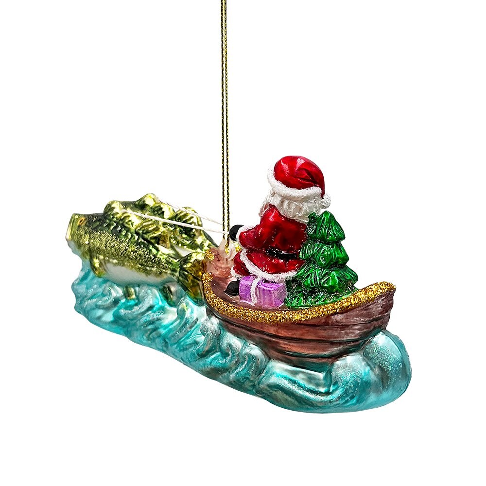 Santa&#x27;s Fishing Adventure Glass Christmas Ornament, Holiday Angler Fish in Sleigh