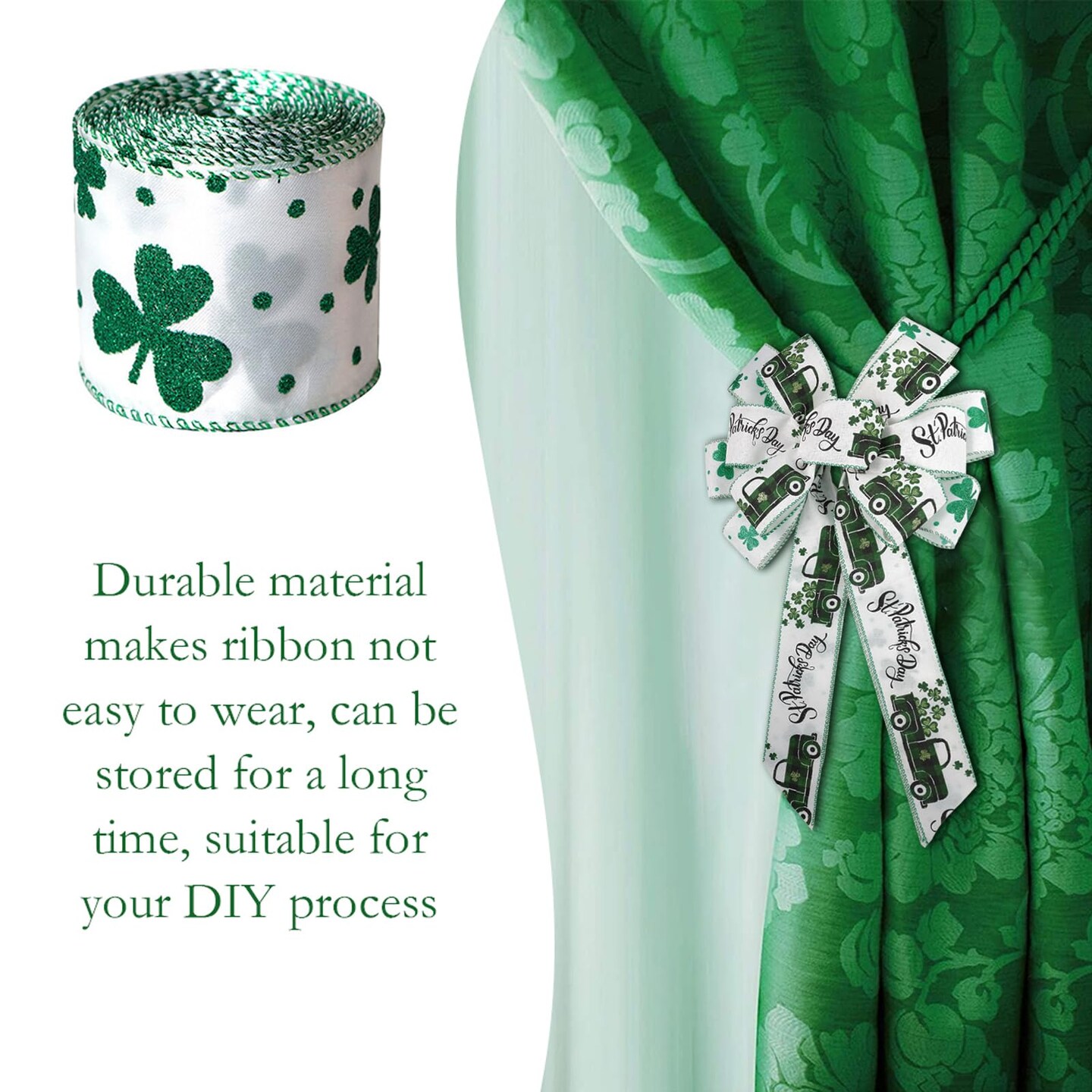 St. Patricks Day Ribbon Wired, Glitter Green Shamrock Fabric Ribbons Gift Wrapping DIY Craft Wreath Bows Making Festival Party Birthday Decoration, 10 Yards x 2.5 Inches