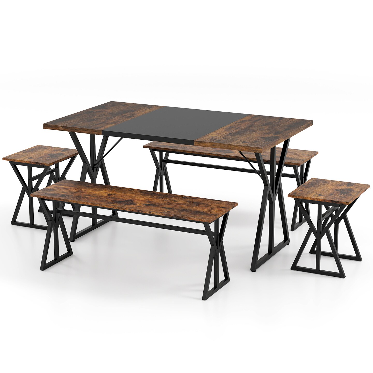 Rustic 5 Piece Dining Table Set Space Saving Benches and Stools Rustic Brown Black