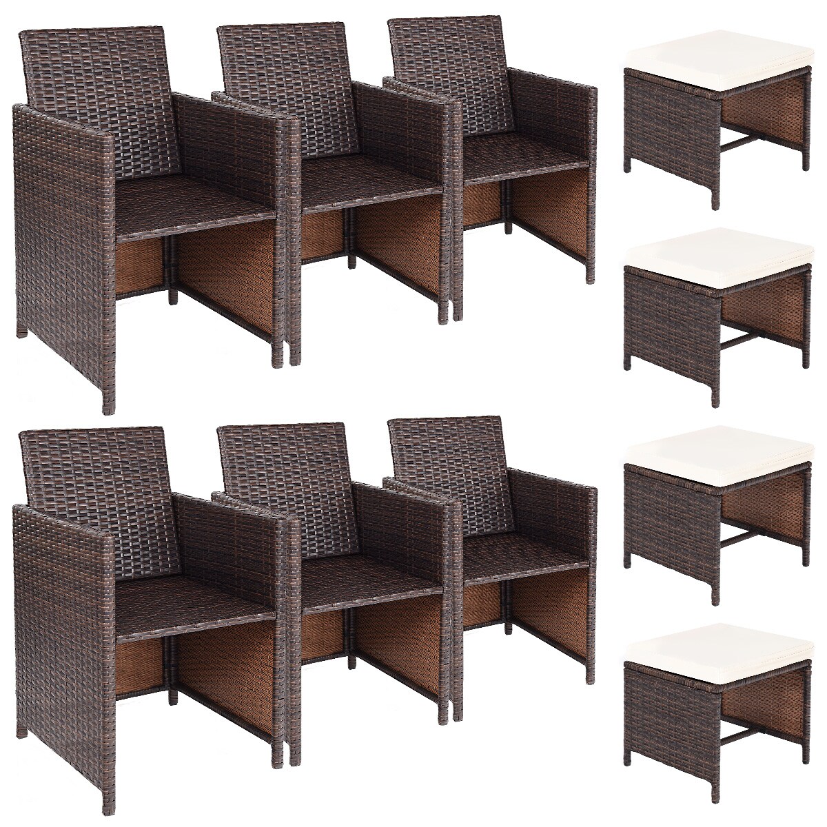 Mix Brown PE Rattan Patio Chair Set 6 Chairs 4 Ottomans Cushioned Outdoor