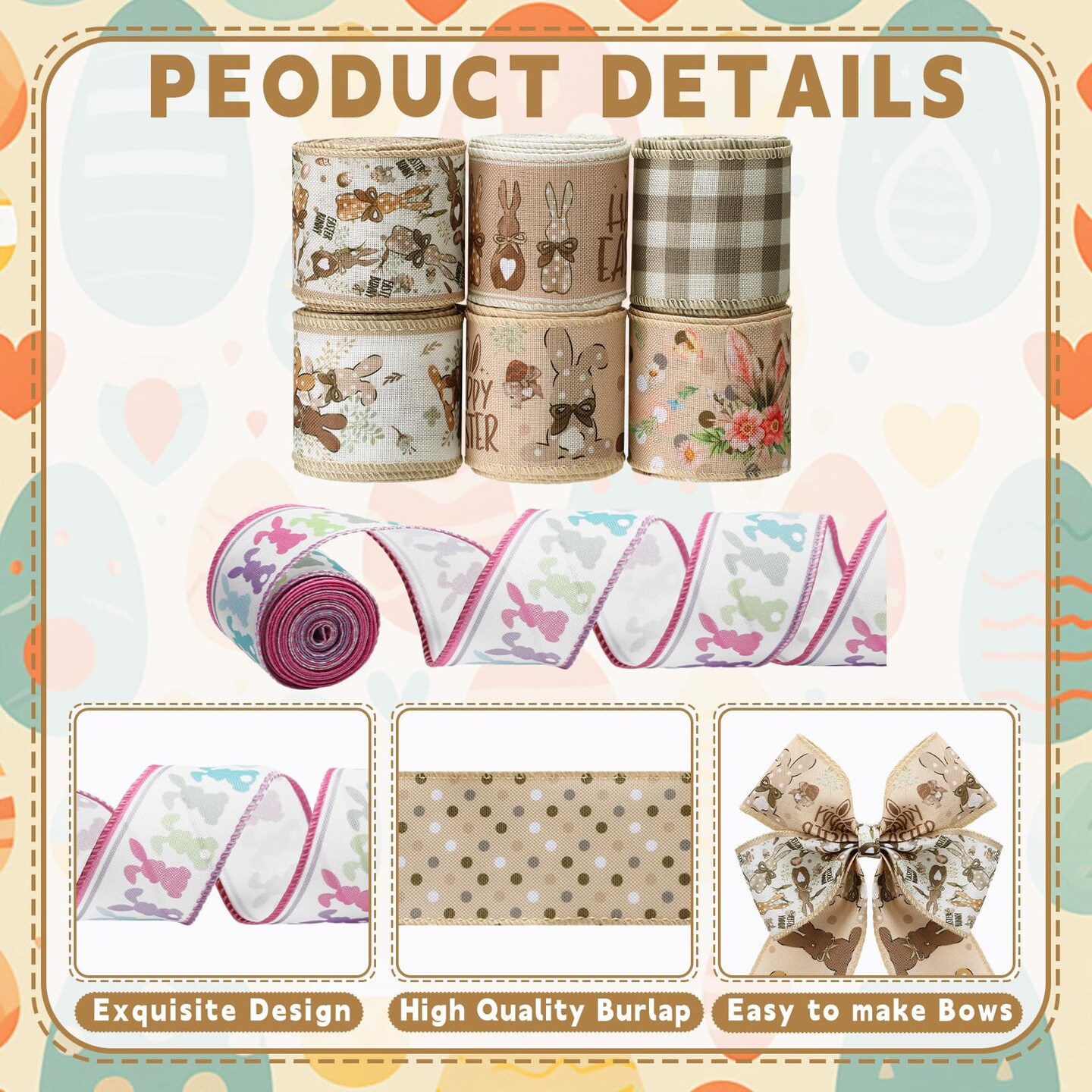 12 Rolls Easter Bunny Wired Edge Ribbon for Wreaths 2 Inch x 60 Yards Happy Easter Floral Bunny Print Grosgrain Ribbon for Bow Gift Bow Crafts Party Supplies 12 Styles