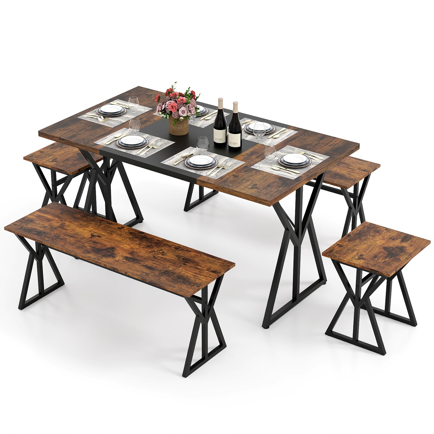 Rustic 5 Piece Dining Table Set Space Saving Benches and Stools Rustic Brown Black