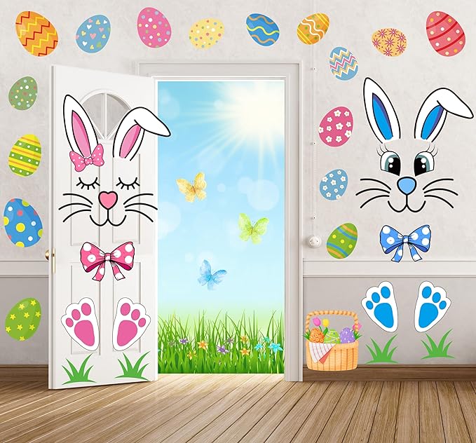Easter Bunny Door Stickers Easter Door Decor Large Bunny Face Stickers with Eggs Decals for Spring Door Window Refrigerator Decorations