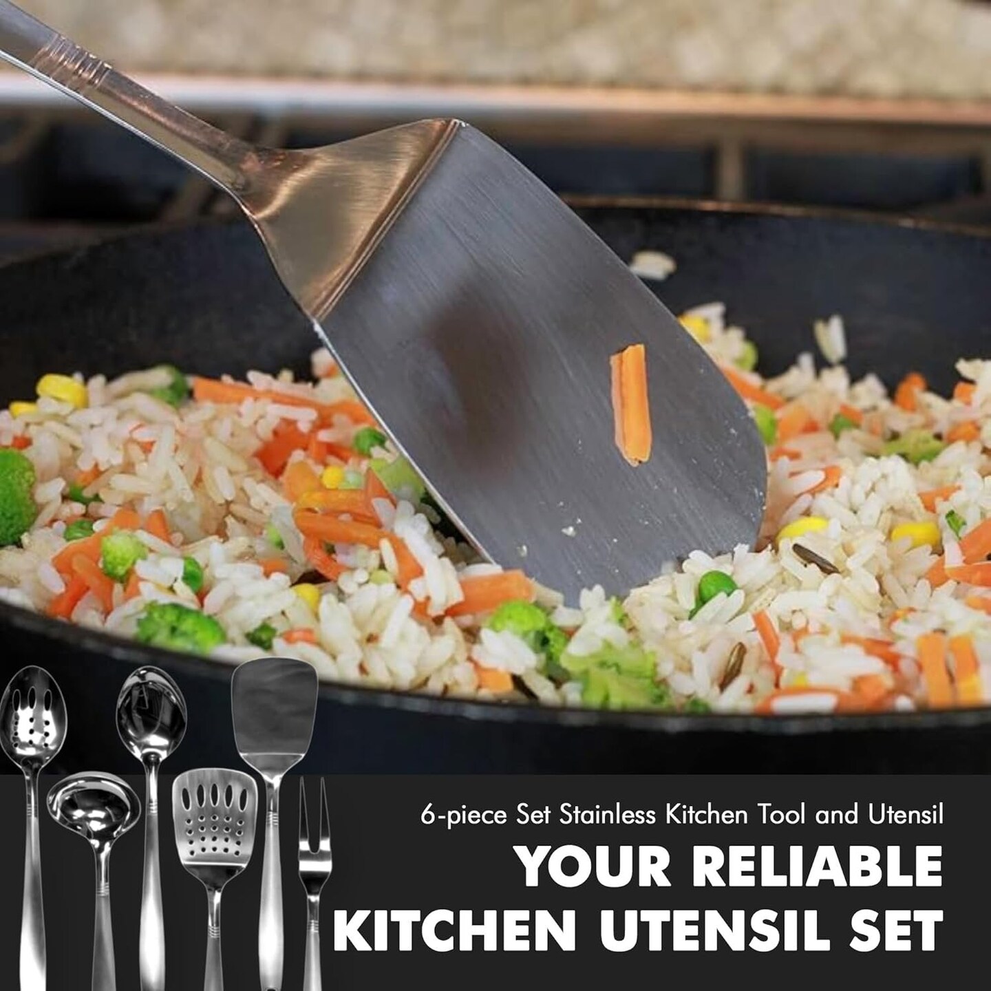 Chef Craft 6pc Stainless Steel Kitchen Cooking Tool Set - Solid Turner, Slotted Turner, Basting Spoon, Slotted Spoon, Serving Fork & Ladle