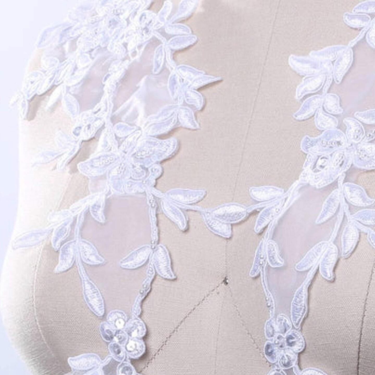 1 Pair 16" Length White Beaded Floral Lace Appliques for Bridal Dress Veil Embellishments