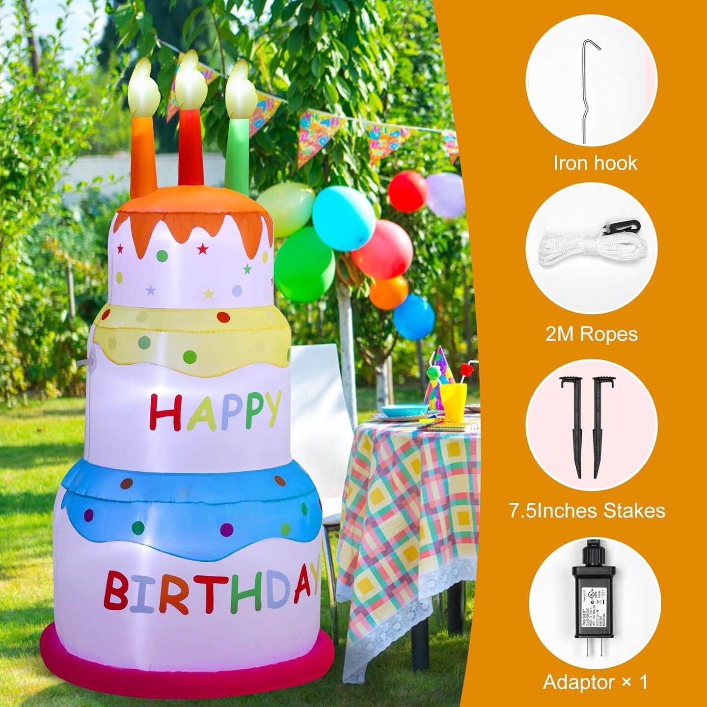 6Ft Inflatable Happy Birthday Cake Decorations Outdoor Lighted Blow Up Holiday Birthday Party Decor with Candles for Happy Birthday Party Outdoor Indoor Garden Yard Signs
