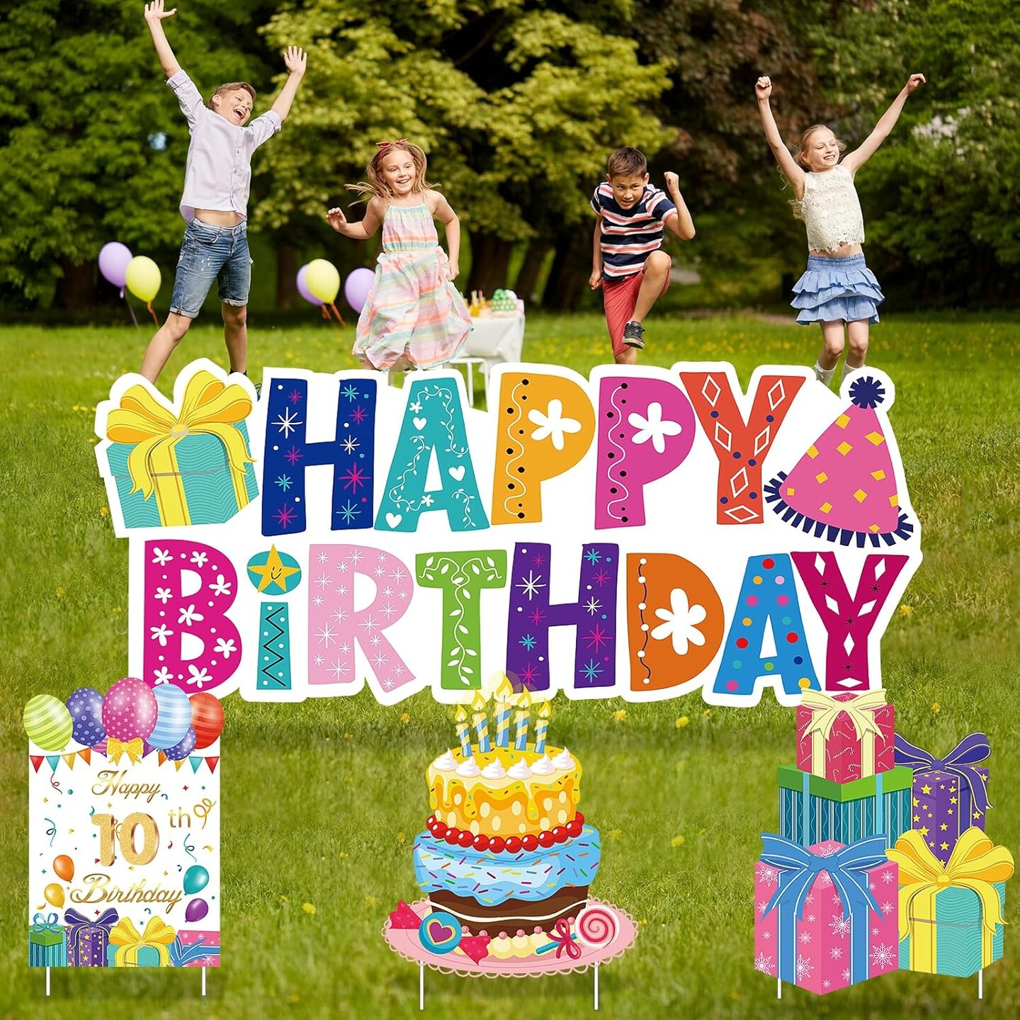 Happy Birthday Yard Sign, Colourful Happy Birthday Lawn Signs with Stakes LED Personalized Garden Birthday Board Party Favors Decor for Gift Outdoor Indoor Home Front Decorations Supplies