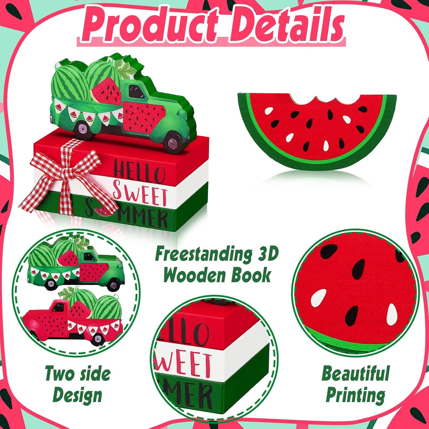 5 Pcs Watermelon Table Decorations Summer Tiered Tray Decor Mini Wooden Decorative Books Stack with Twine with Wood Truck Sign for Home Kitchen Shelf Tabletop Centerpieces