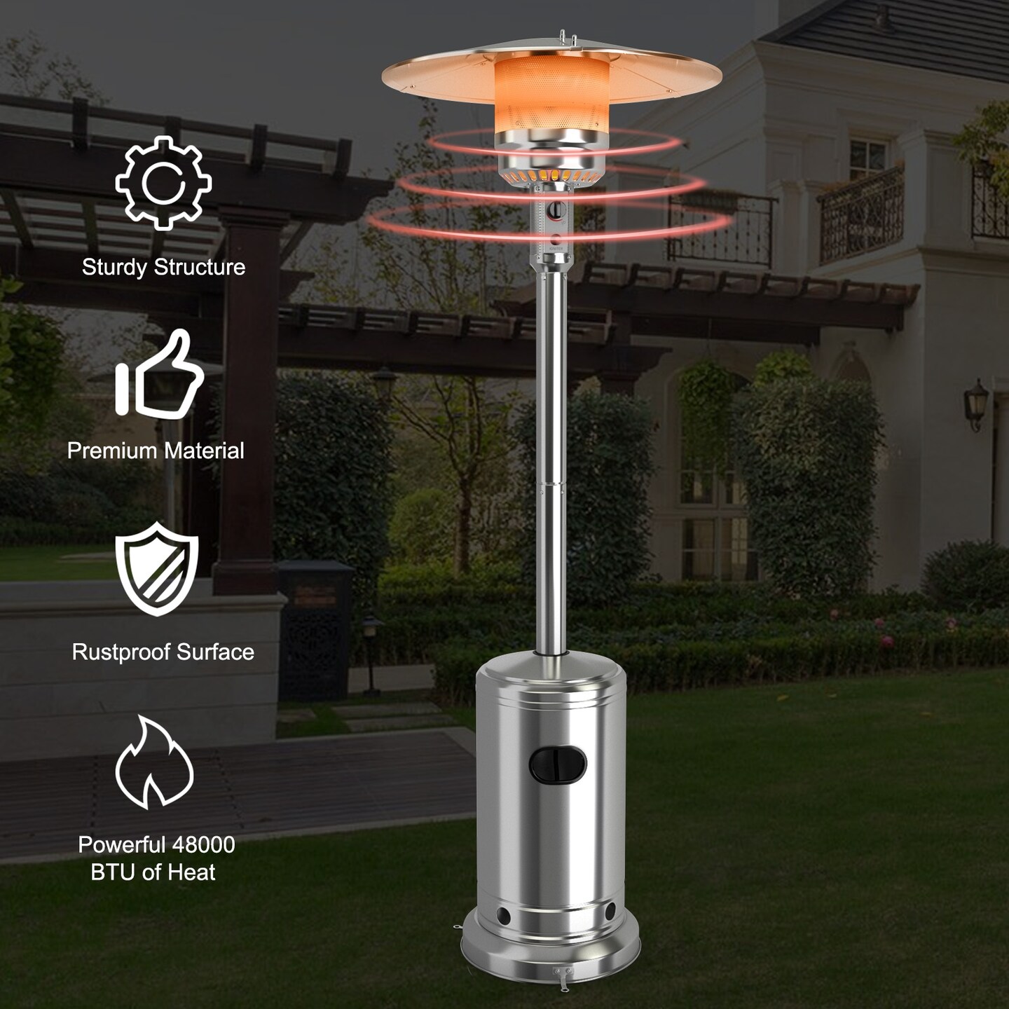 50000 BTU Stainless Steel Propane Outdoor Heater with Trip Over Protection and 2 Handles