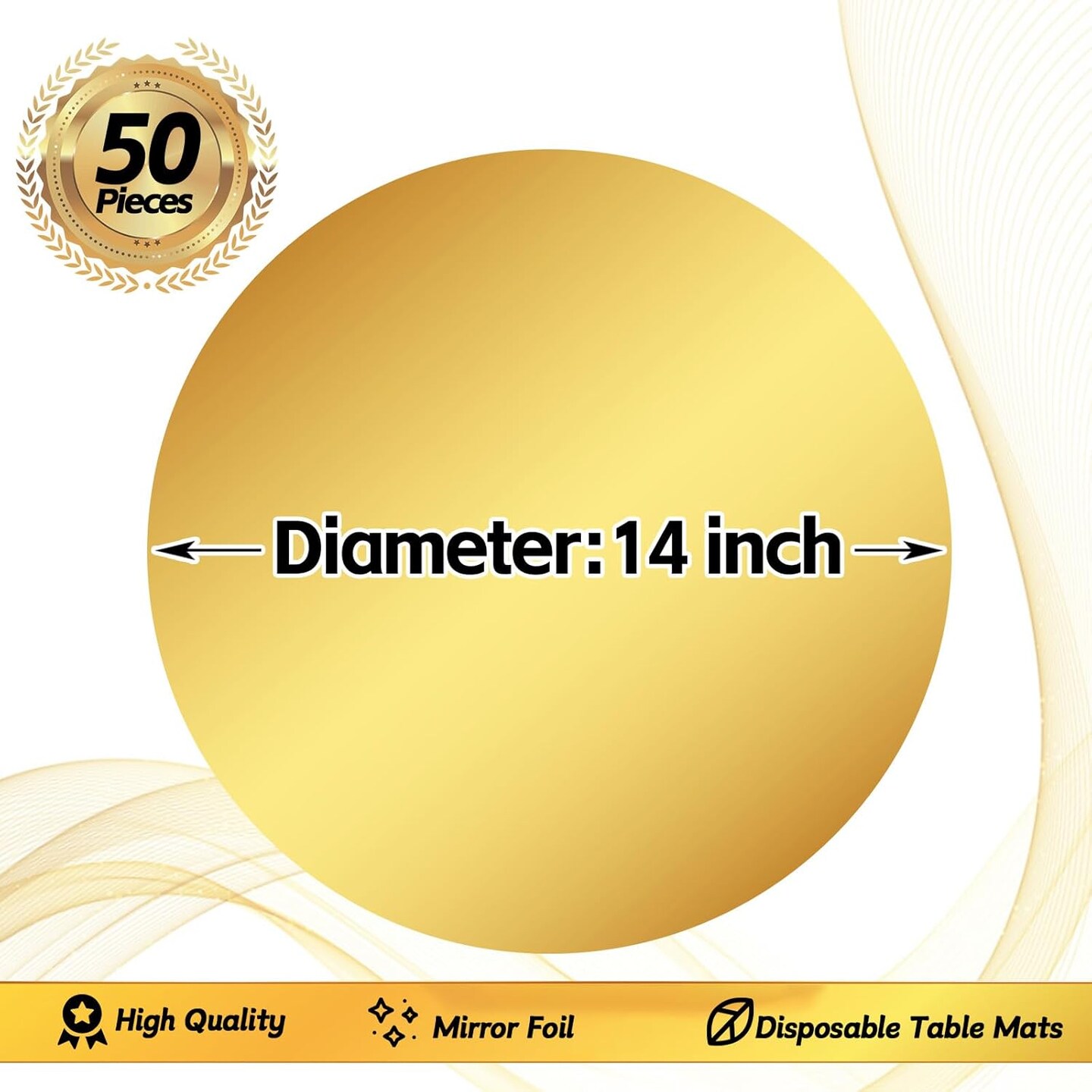 50 Pieces Gold Paper Placemats Round Disposable Glitter Table Mats Mirror Foil Decorative Place Mats for Wedding Holiday Party Christmas Dining Table Decor