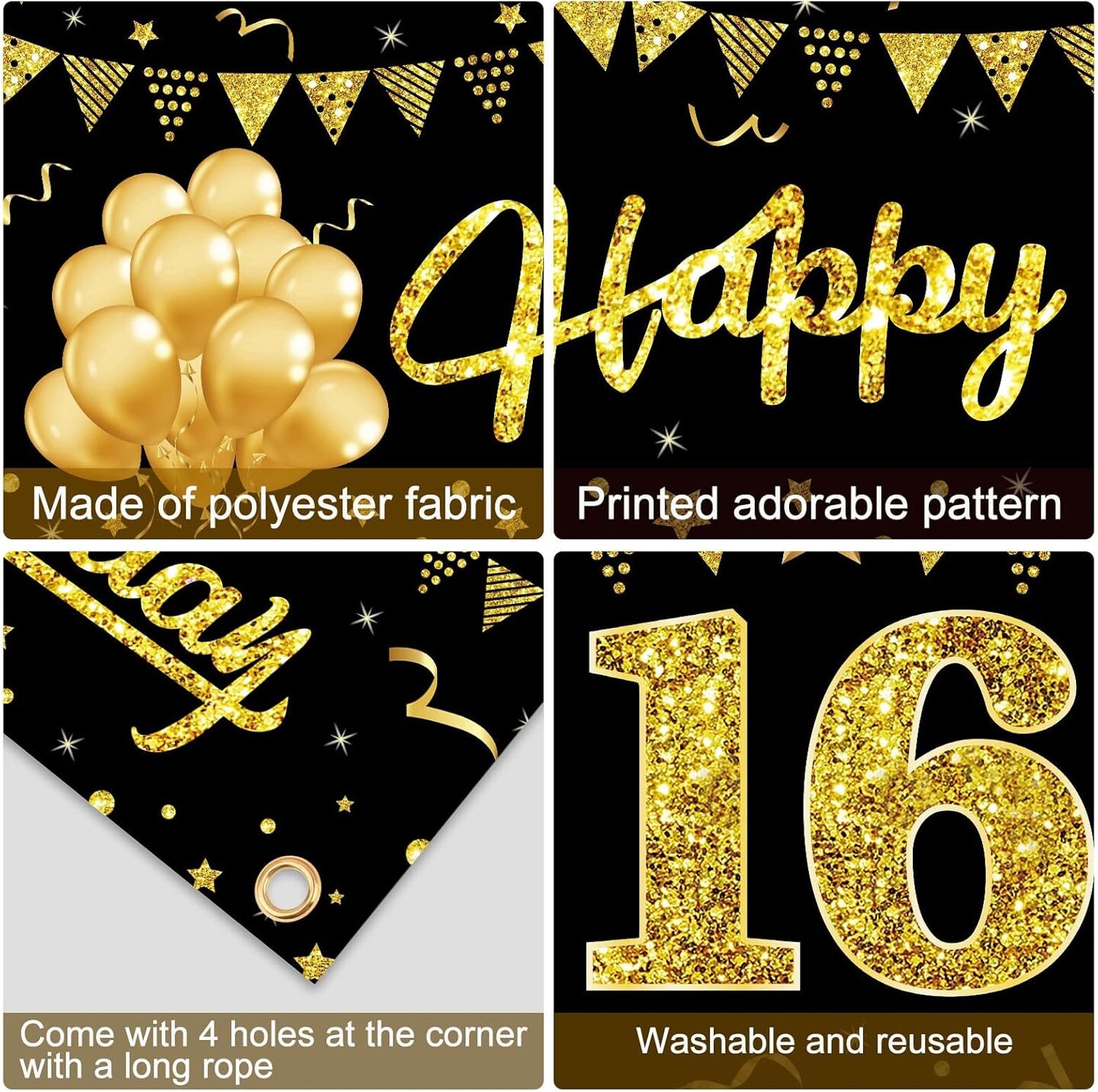 Happy 16th Birthday Banner Decorations for Boys, Black Gold 16 Birthday Signs Party Supplies, Sweet Sixteen Birthday Party Decor for Outdoor Indoor