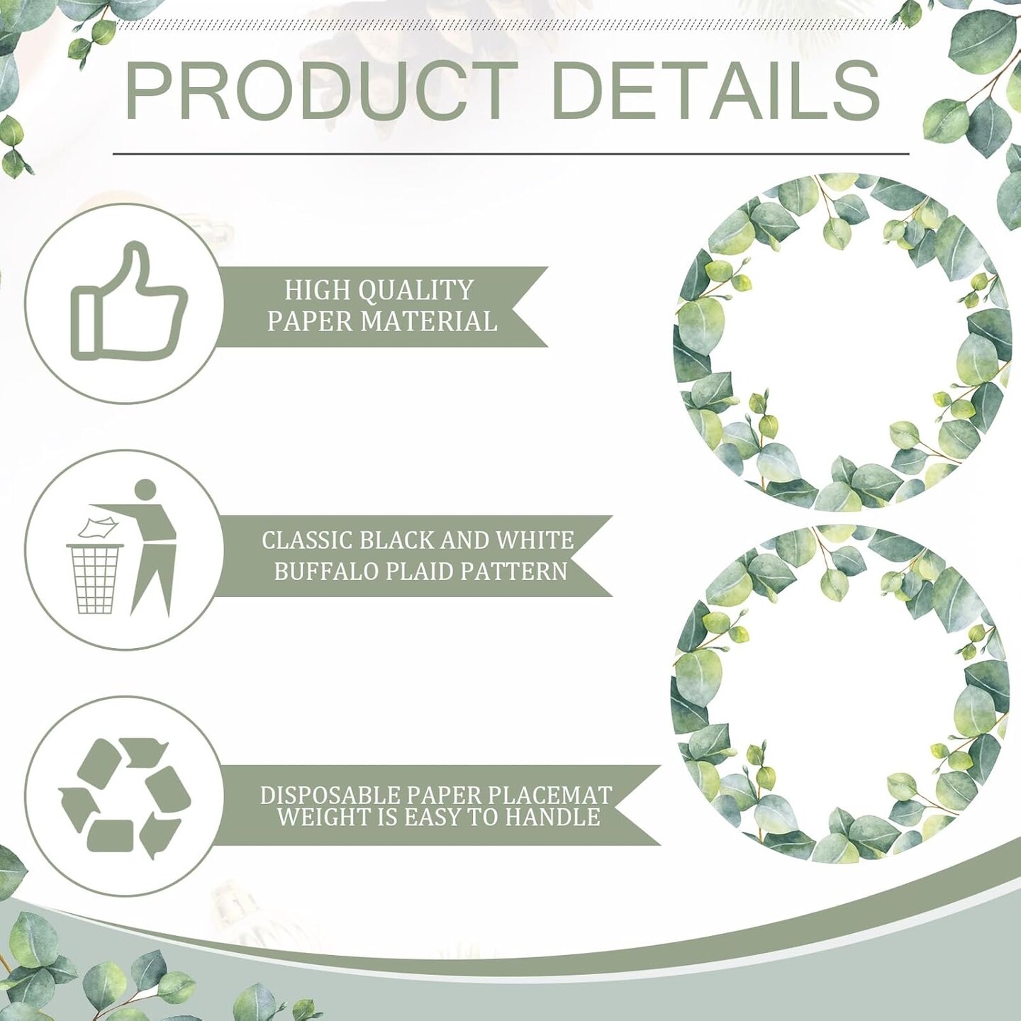 100 Pcs Disposable Eucalyptus Leaf Paper Placemats Round 12 Inch Sage Green Eucalyptus Placemat Table Place Mat