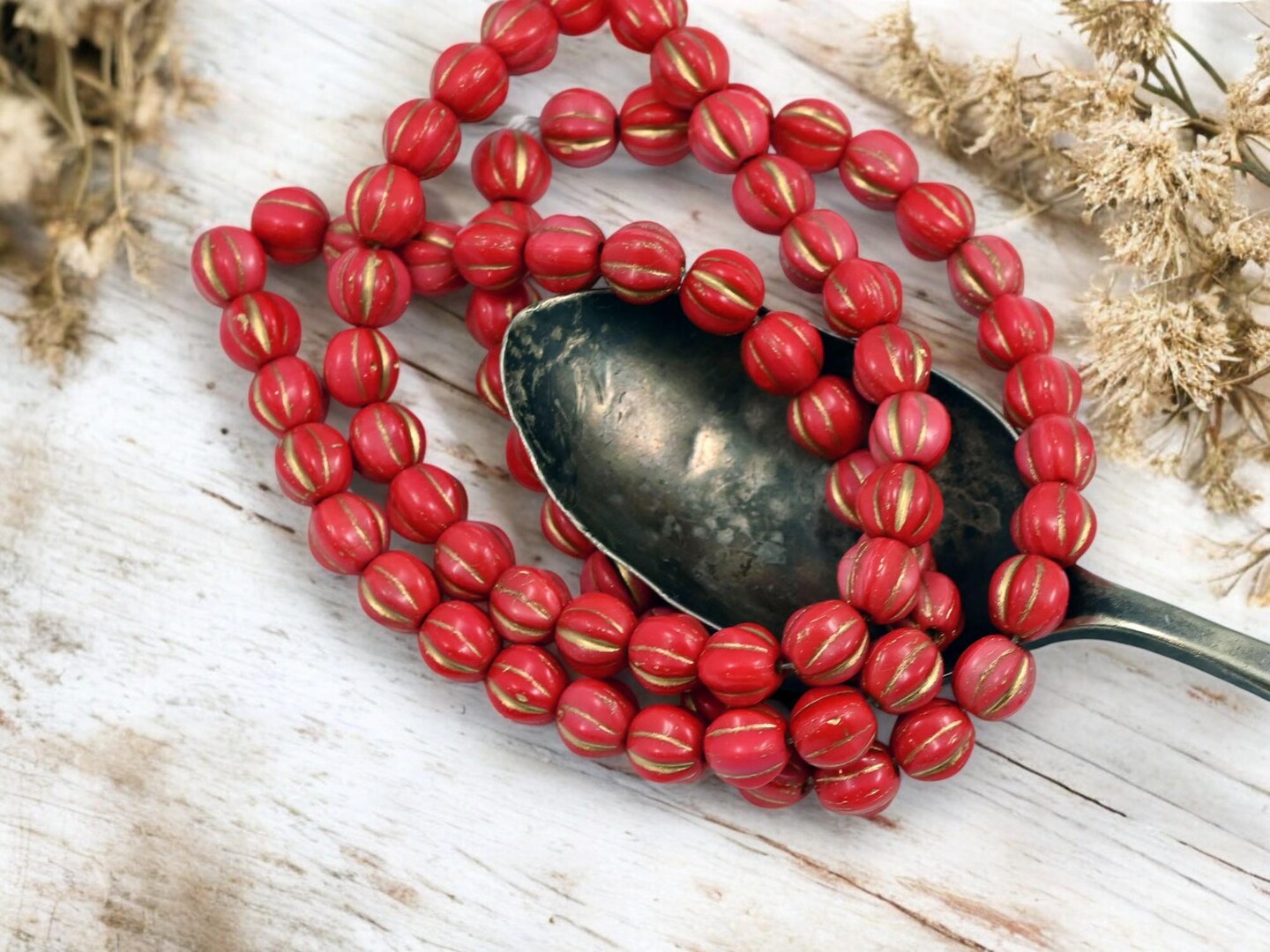 *25* 6mm Bronze Washed Opaque Coral Red Fluted Round Melon Beads