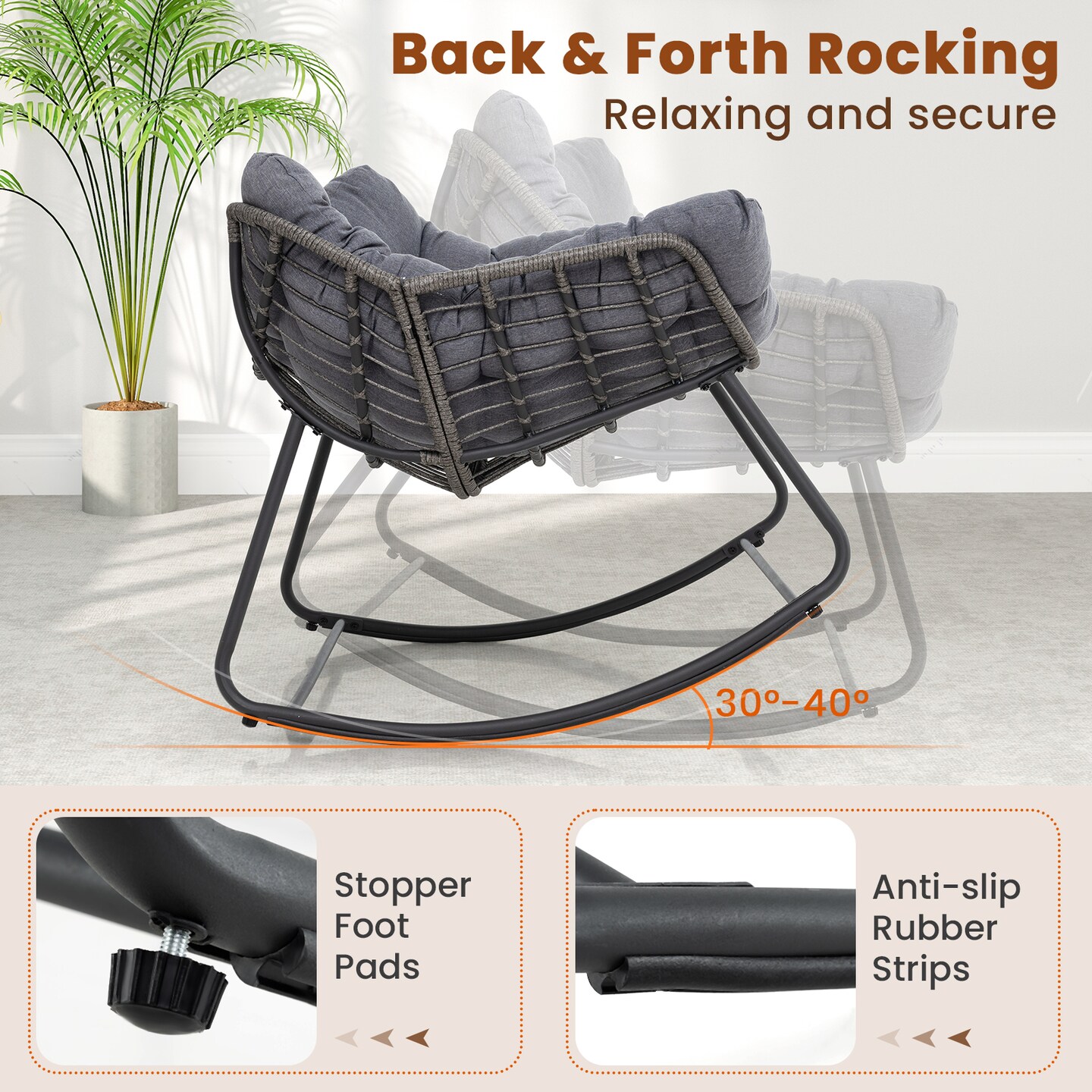 Rattan Metal Rocking Egg Chair with Cushion for Patio and Indoor