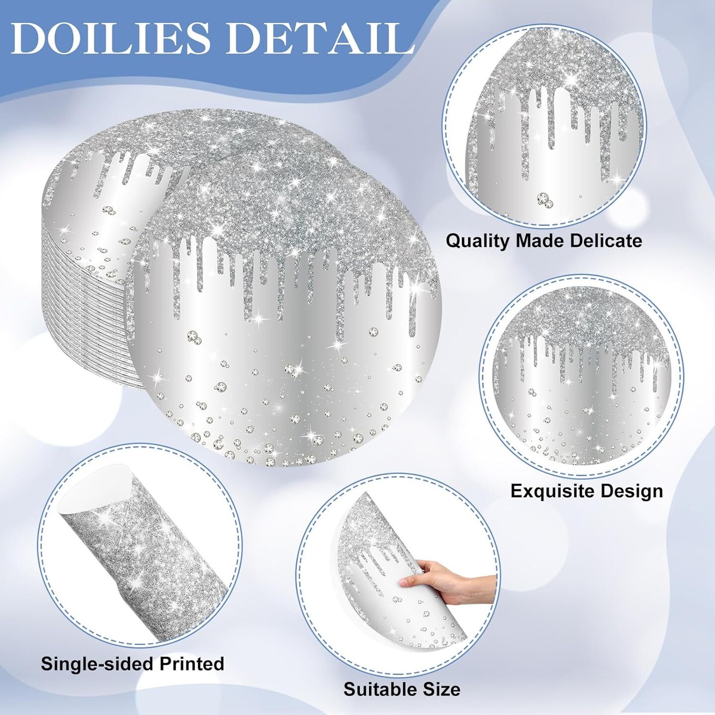120 Pieces Silver Paper Placemats Glitter Diamonds Round Disposable Table Mats Decorative Paper Mats for Dining Wedding Birthday Silver Glitter Banquet Party, 11.8 Inch